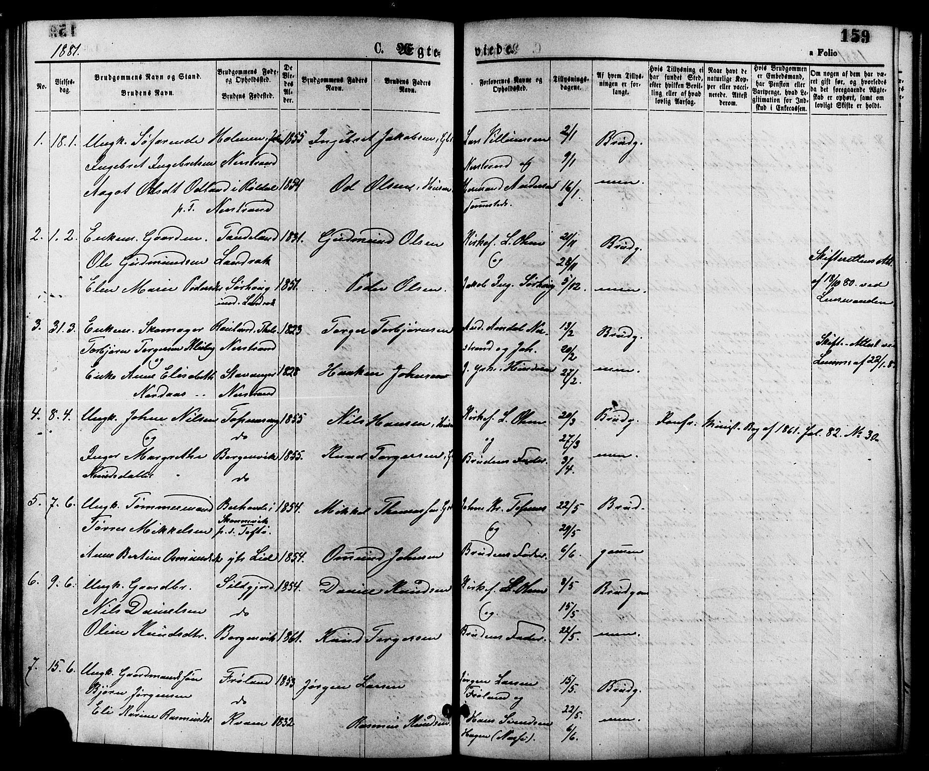 Nedstrand sokneprestkontor, SAST/A-101841/01/IV: Parish register (official) no. A 11, 1877-1887, p. 159