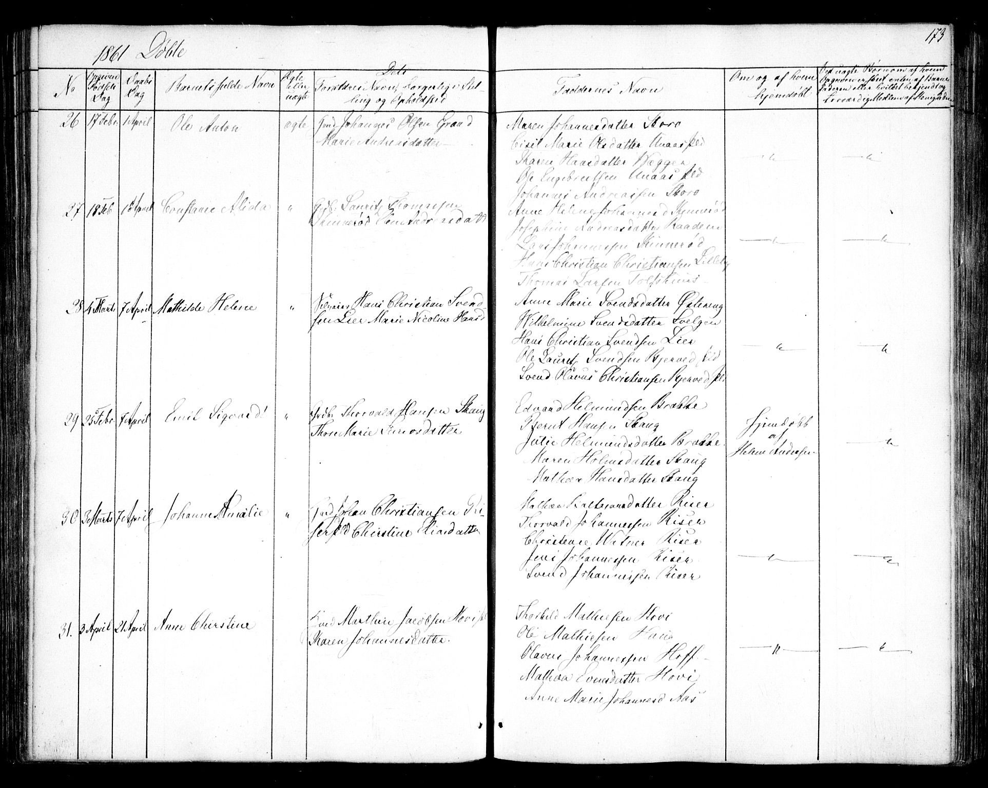 Hobøl prestekontor Kirkebøker, AV/SAO-A-2002/F/Fa/L0003: Parish register (official) no. I 3, 1842-1864, p. 173