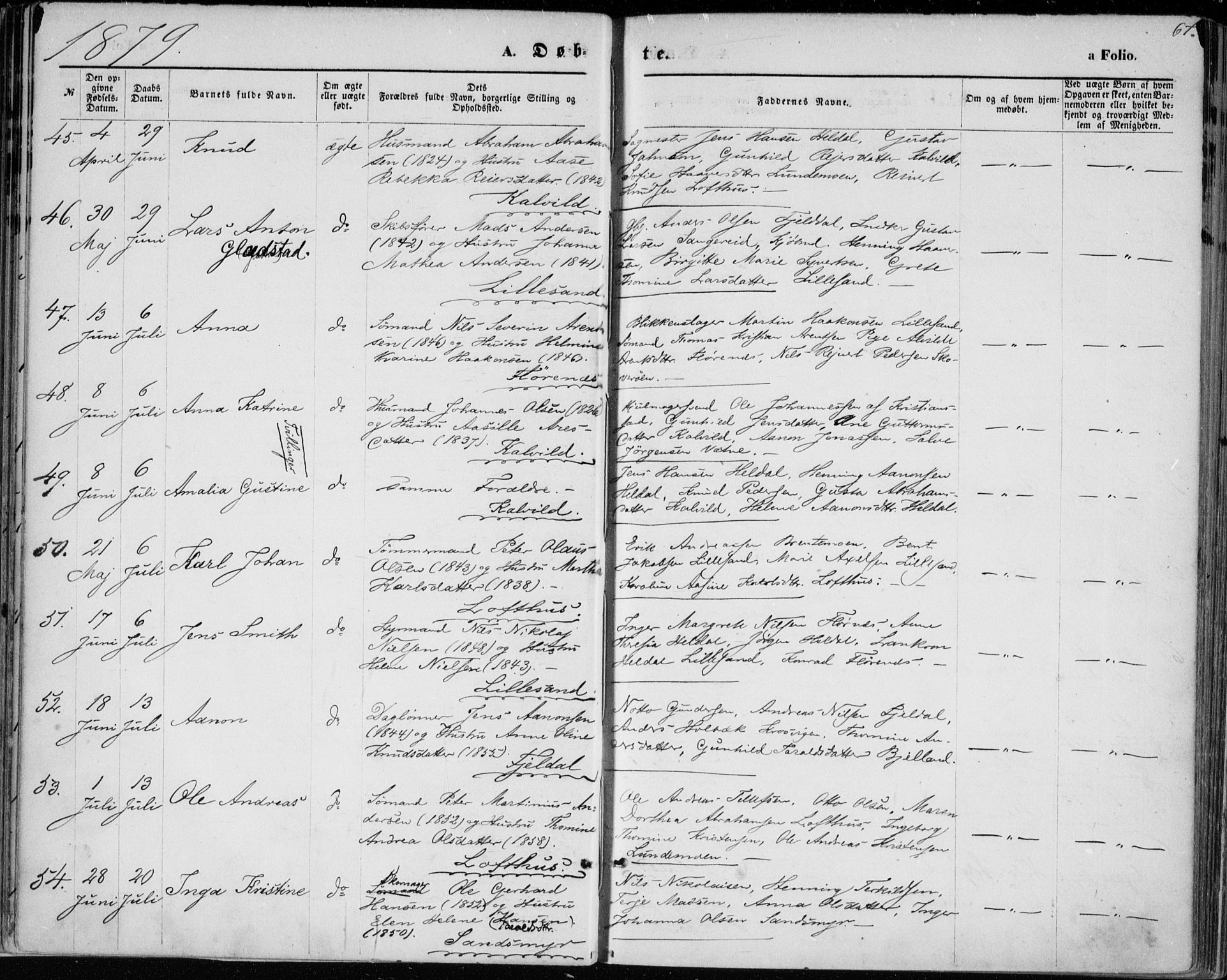 Vestre Moland sokneprestkontor, SAK/1111-0046/F/Fa/Fab/L0008: Parish register (official) no. A 8, 1873-1883, p. 67