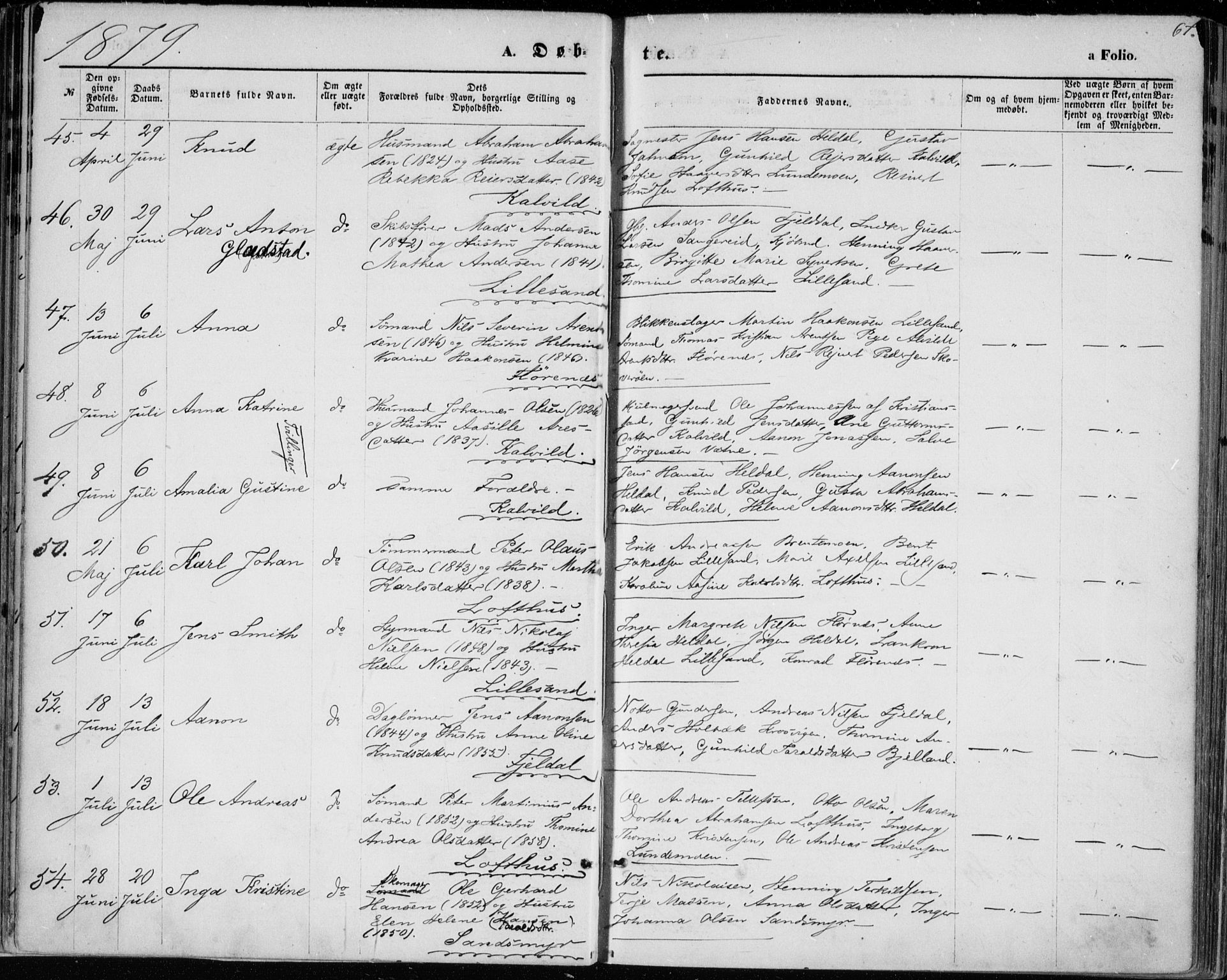 Vestre Moland sokneprestkontor, AV/SAK-1111-0046/F/Fa/Fab/L0008: Parish register (official) no. A 8, 1873-1883, p. 67