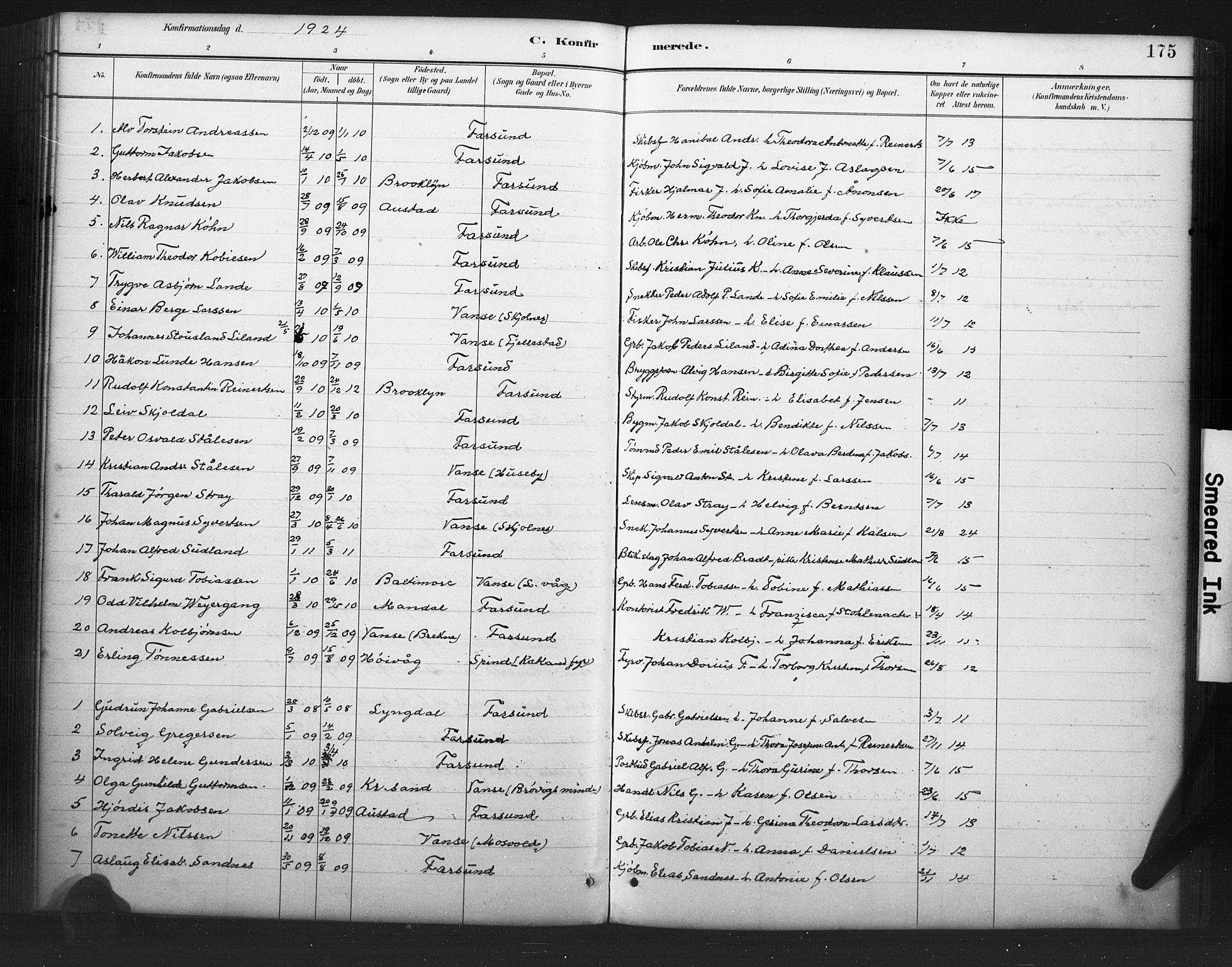 Farsund sokneprestkontor, AV/SAK-1111-0009/F/Fb/L0001: Parish register (copy) no. B 1, 1886-1931, p. 175