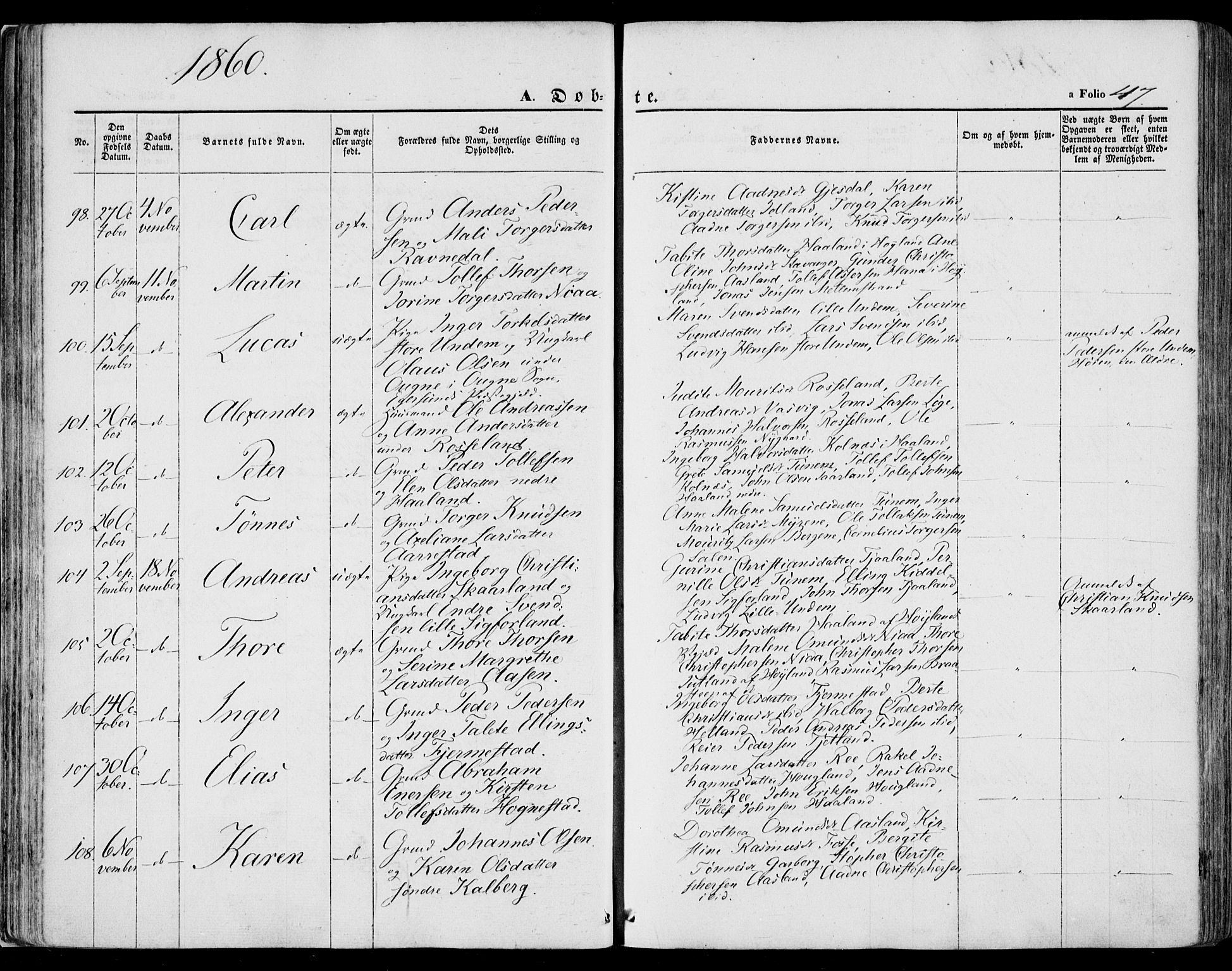 Lye sokneprestkontor, SAST/A-101794/001/30BA/L0007: Parish register (official) no. A 6, 1856-1871, p. 47