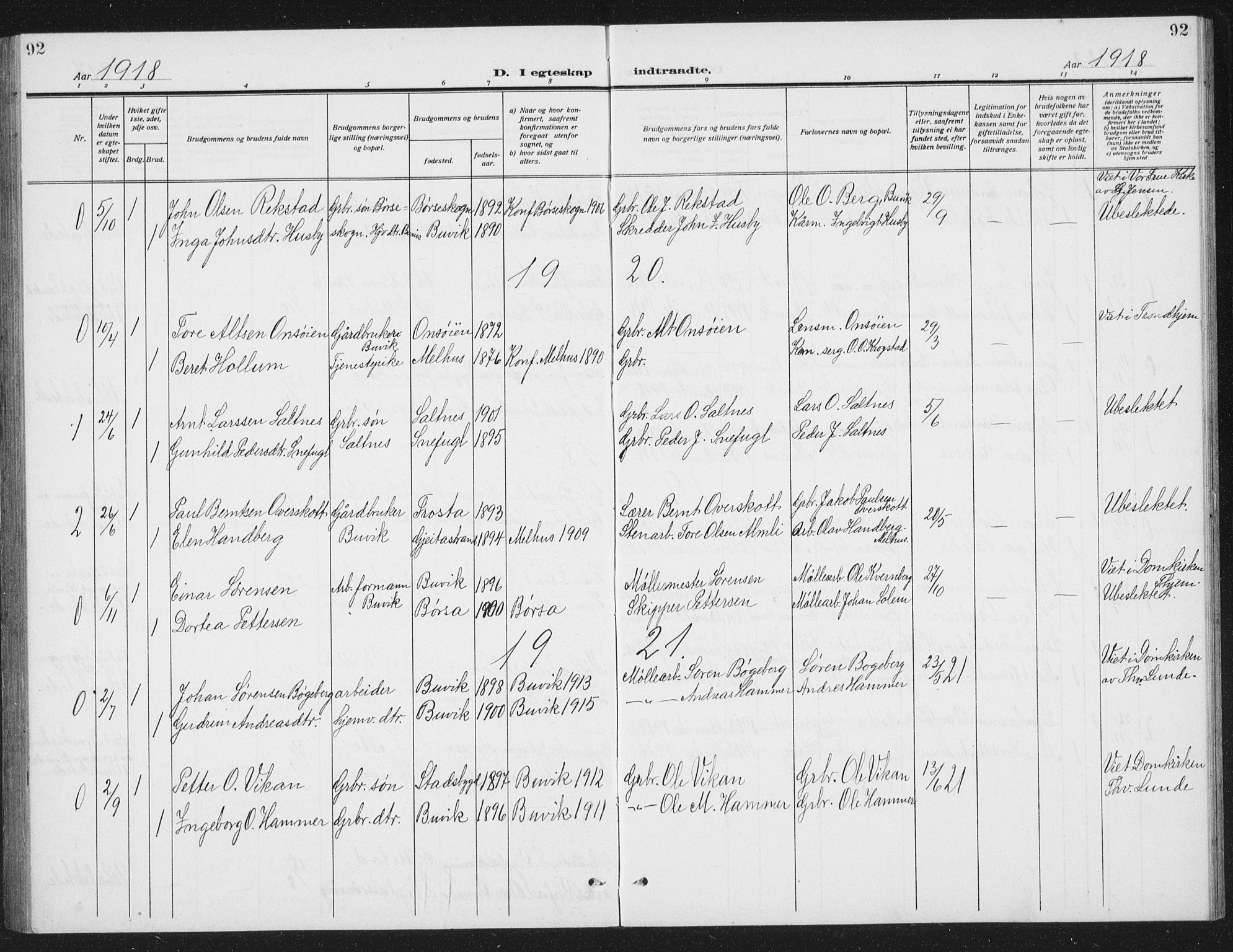 Ministerialprotokoller, klokkerbøker og fødselsregistre - Sør-Trøndelag, SAT/A-1456/666/L0791: Parish register (copy) no. 666C04, 1909-1939, p. 92