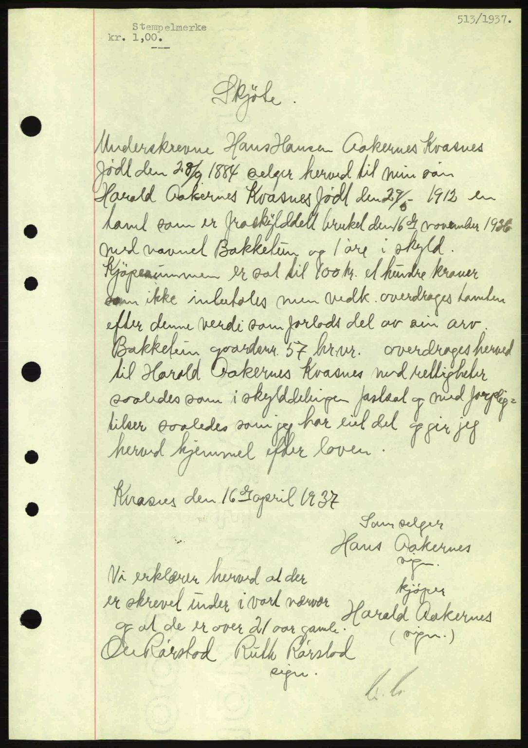 Nordre Sunnmøre sorenskriveri, AV/SAT-A-0006/1/2/2C/2Ca: Mortgage book no. A2, 1936-1937, Diary no: : 513/1937