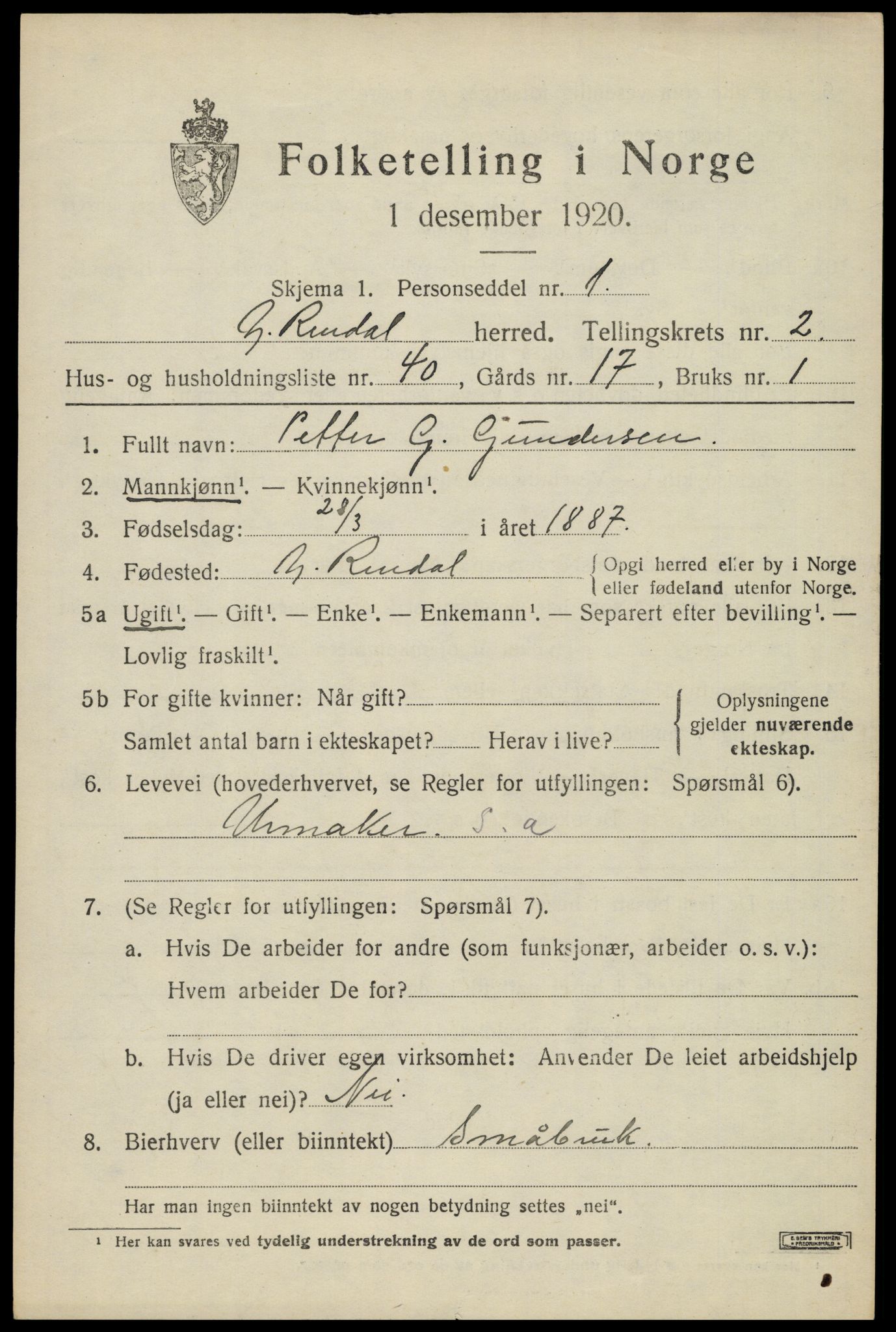 SAH, 1920 census for Ytre Rendal, 1920, p. 1595