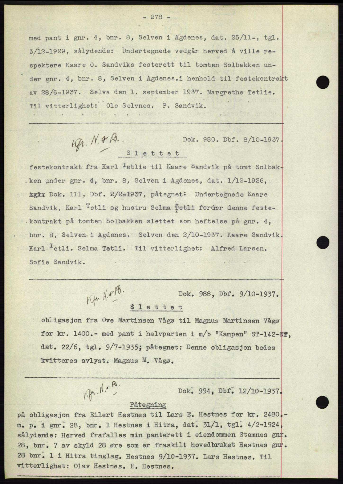 Hitra sorenskriveri, AV/SAT-A-0018/2/2C/2Ca: Mortgage book no. C1, 1936-1945, Diary no: : 980/1937