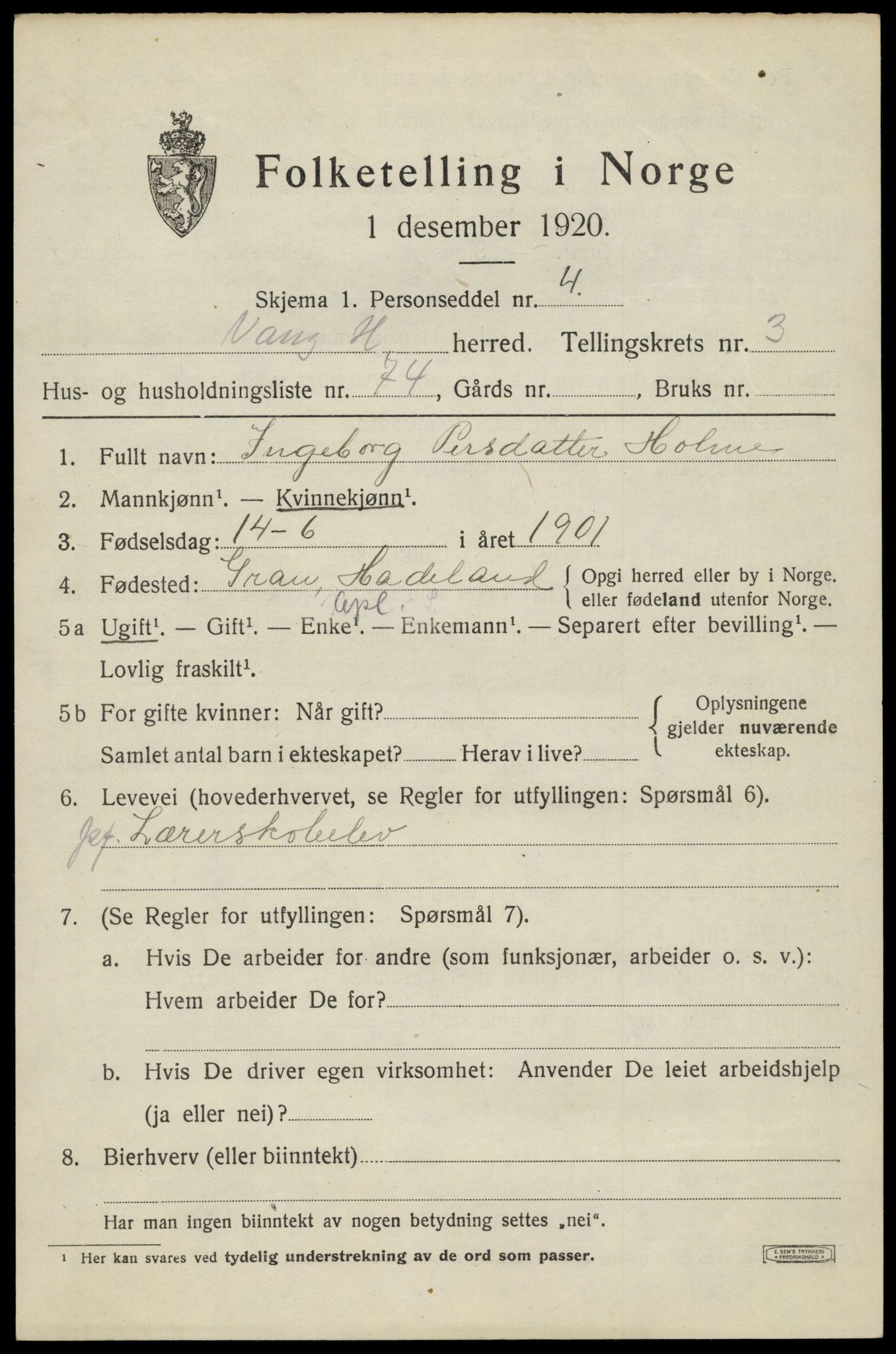SAH, 1920 census for Vang (Hedmark), 1920, p. 10251