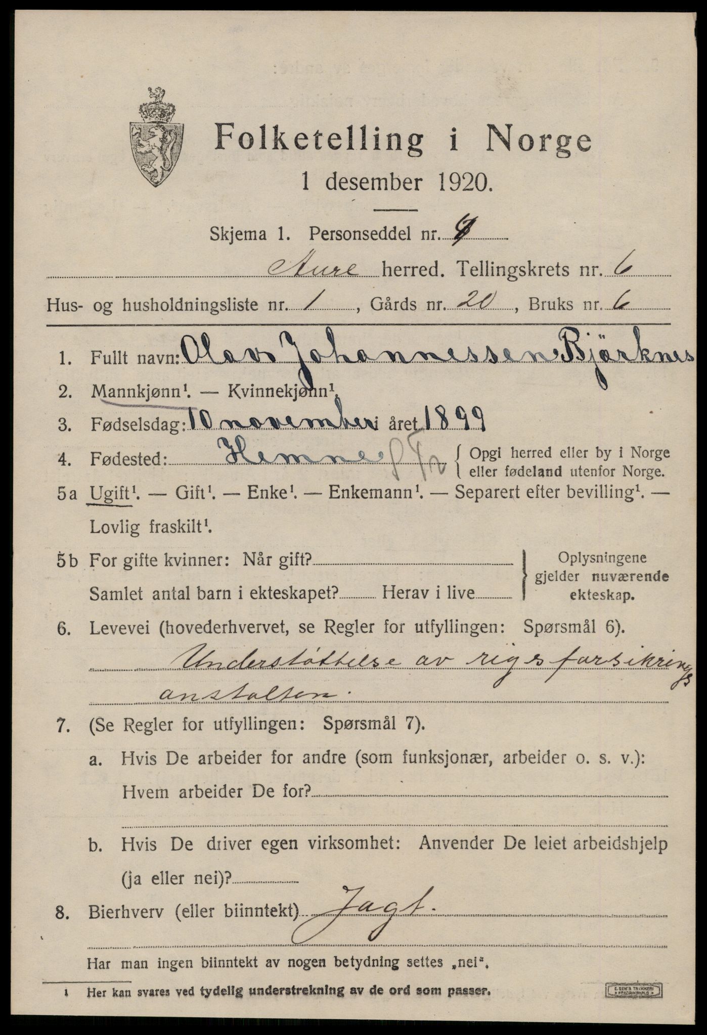SAT, 1920 census for Aure, 1920, p. 2460