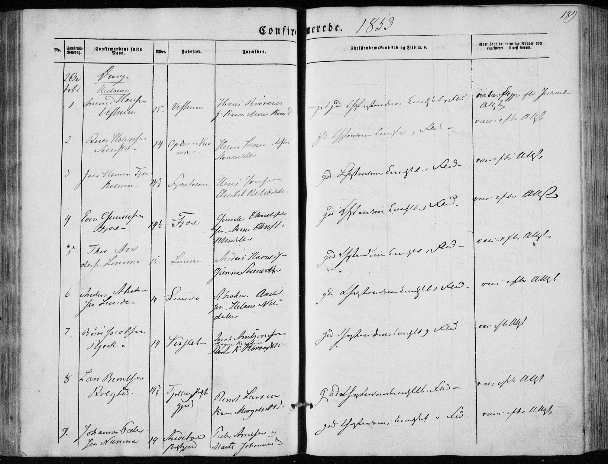 Hedrum kirkebøker, SAKO/A-344/F/Fa/L0006: Parish register (official) no. I 6, 1849-1857, p. 189