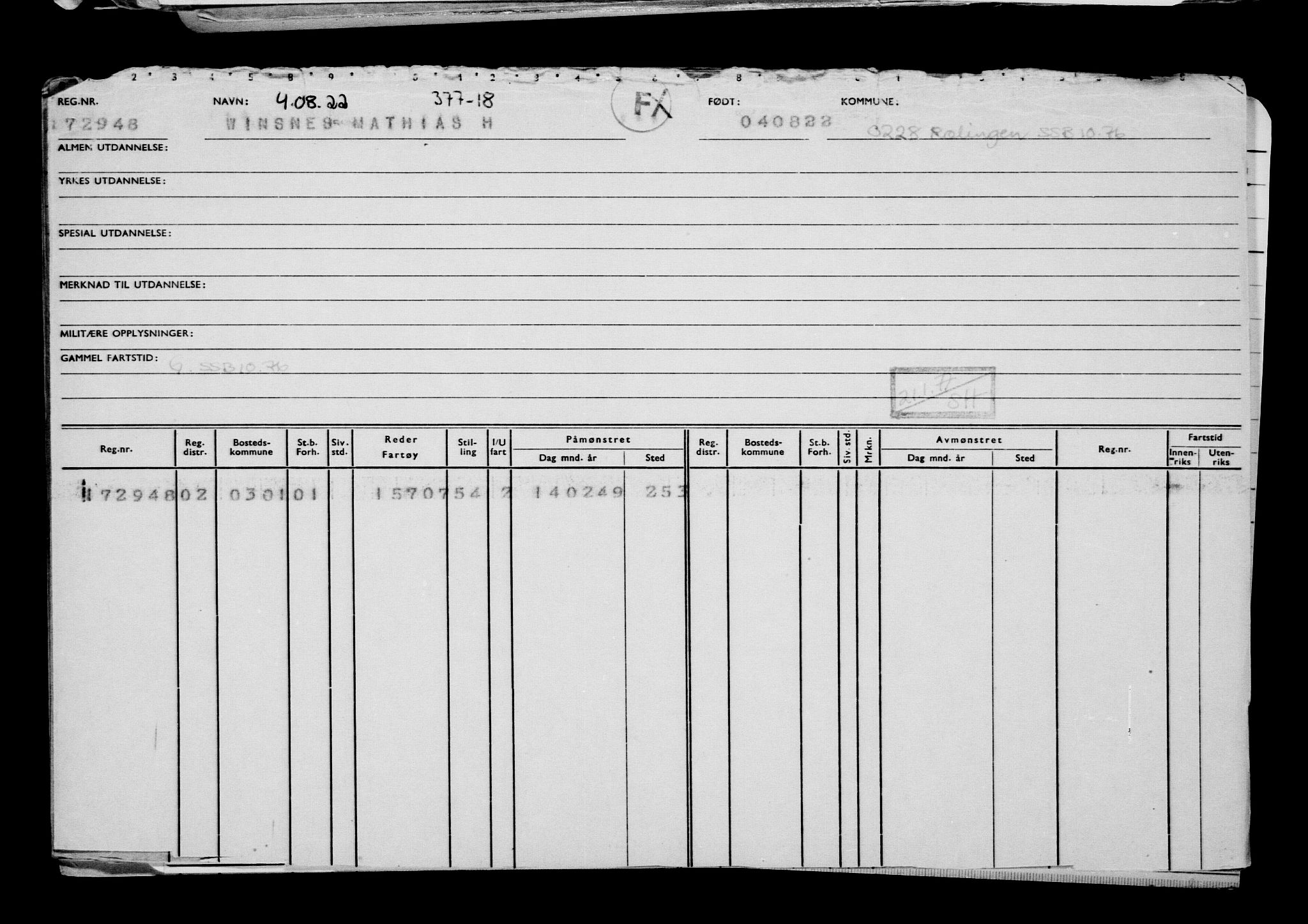 Direktoratet for sjømenn, AV/RA-S-3545/G/Gb/L0209: Hovedkort, 1922, p. 366