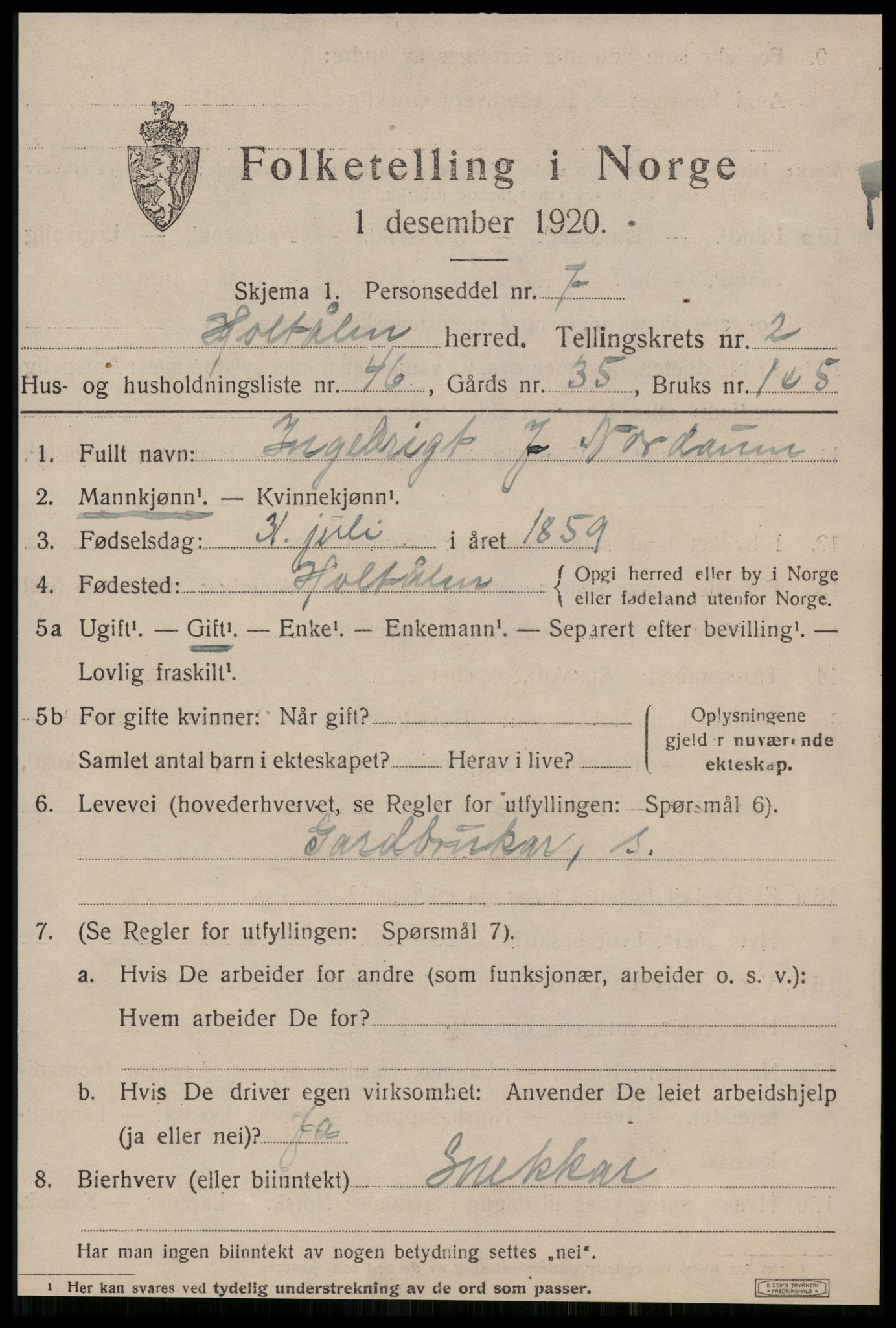 SAT, 1920 census for Haltdalen, 1920, p. 1606