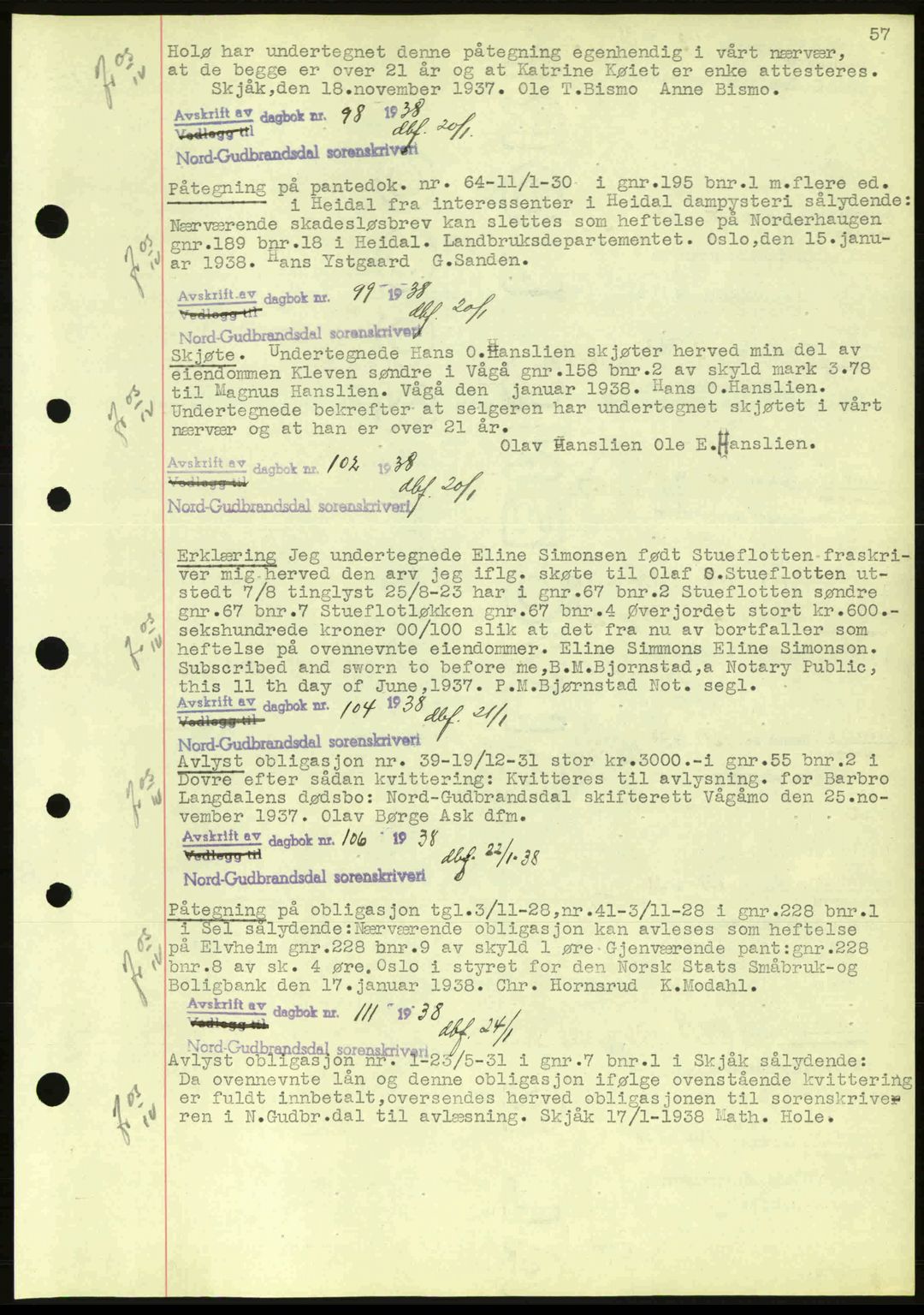 Nord-Gudbrandsdal tingrett, SAH/TING-002/H/Hb/Hbc/L0001: Mortgage book no. B47-B49, 1936-1939, Diary no: : 93/1938