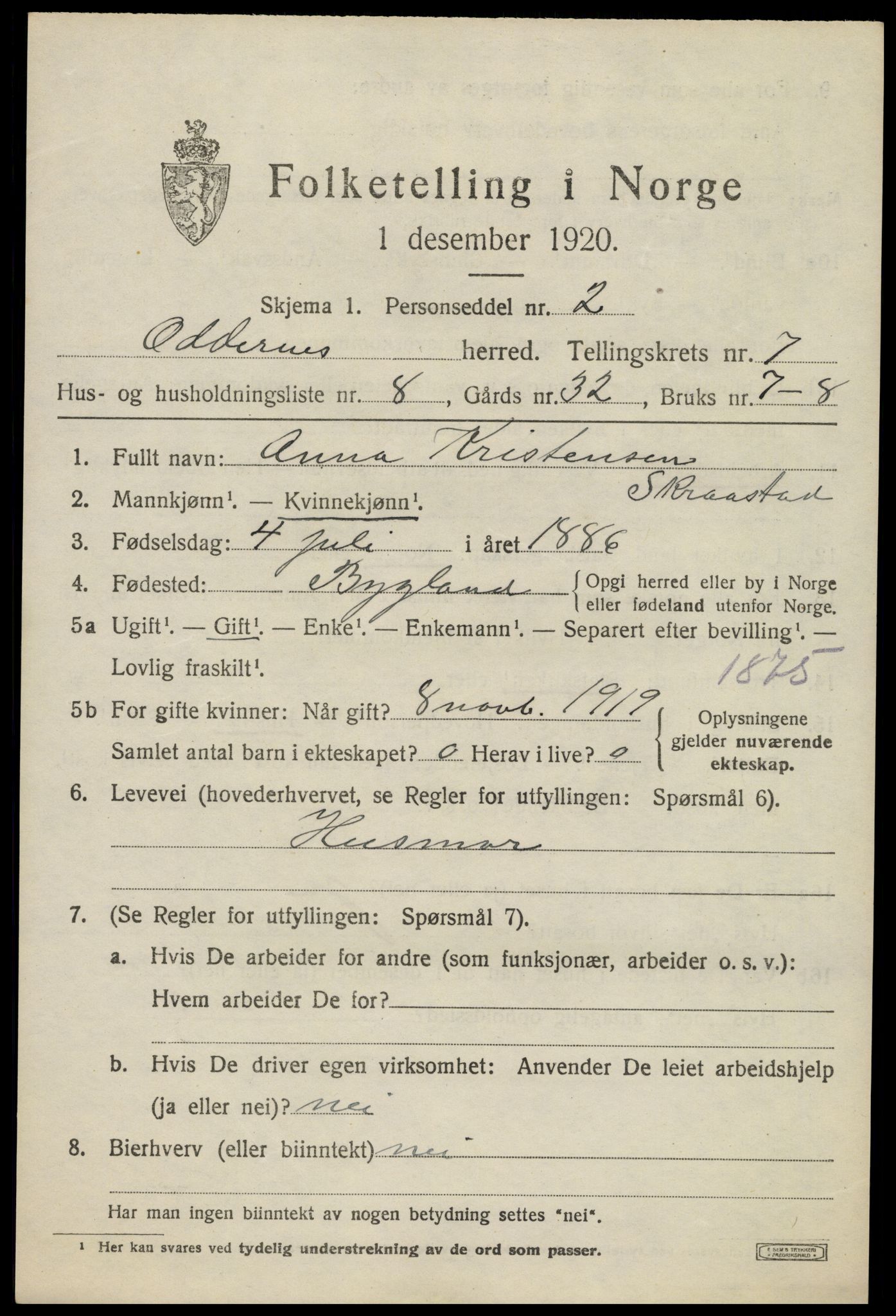 SAK, 1920 census for Oddernes, 1920, p. 5431