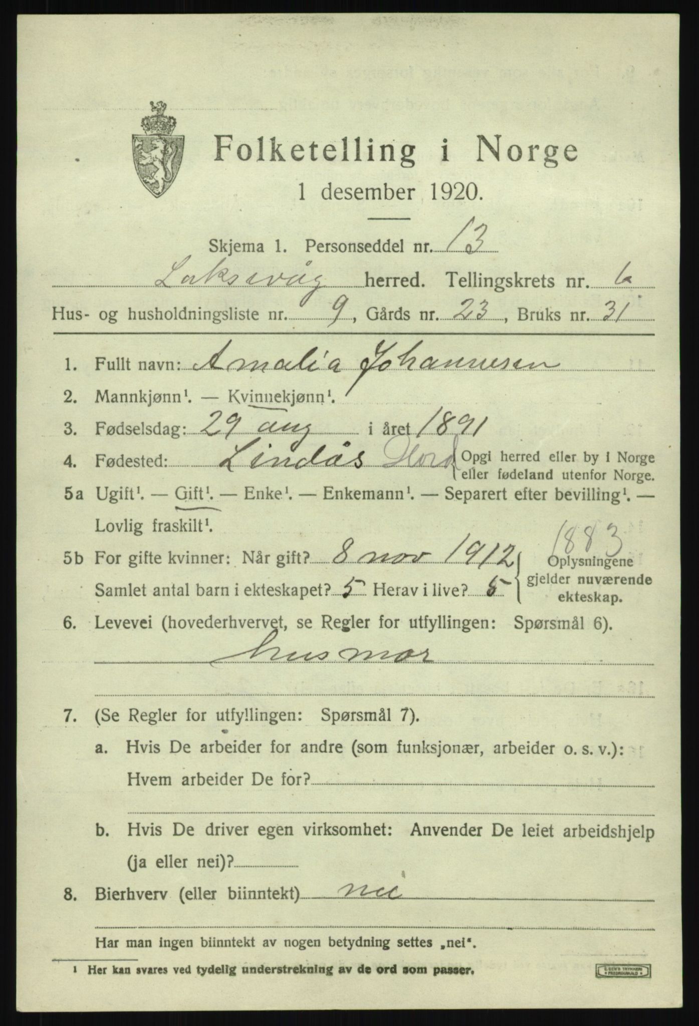 SAB, 1920 census for Laksevåg, 1920, p. 17272