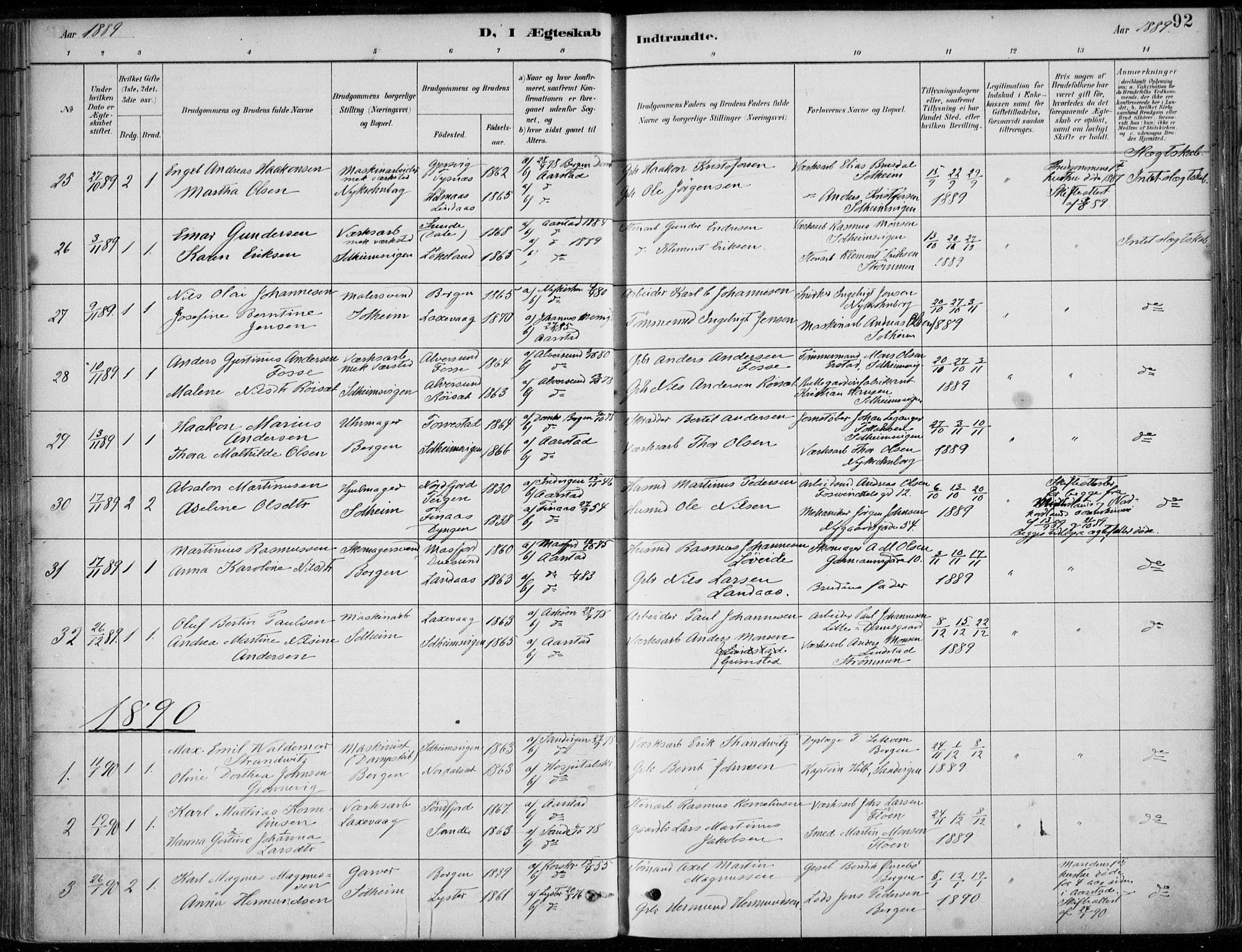 Årstad Sokneprestembete, SAB/A-79301/H/Haa/L0006: Parish register (official) no. B 1, 1886-1901, p. 92