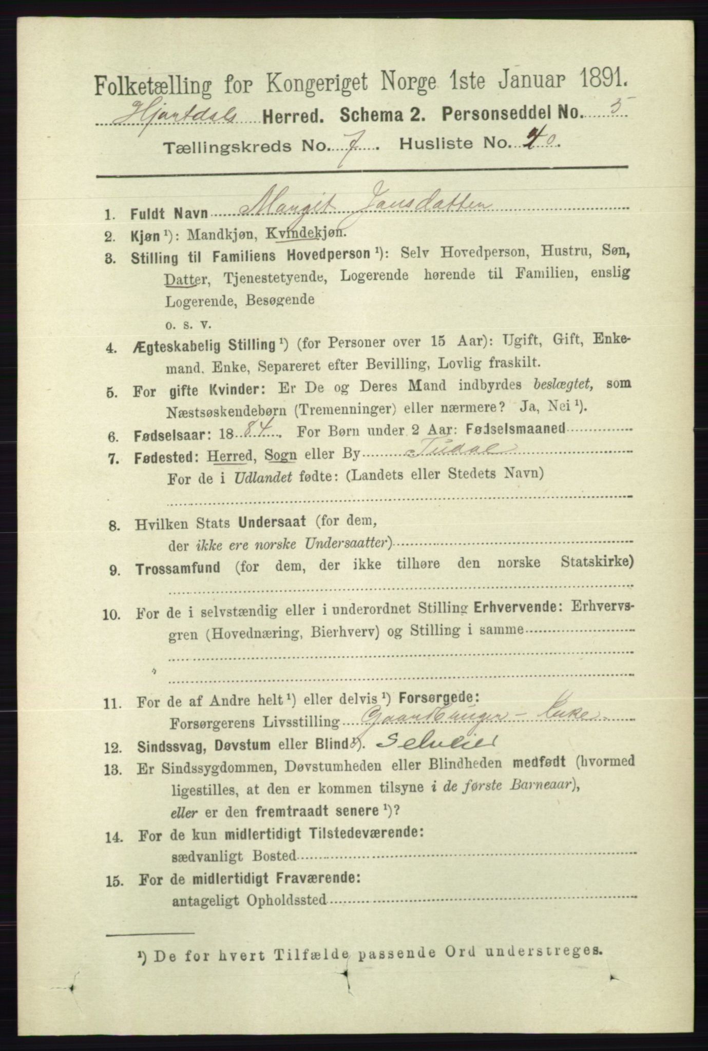 RA, 1891 census for 0827 Hjartdal, 1891, p. 2754