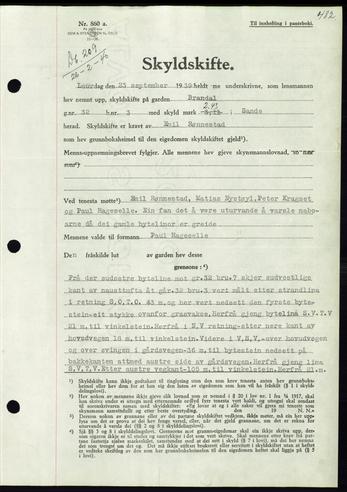 Søre Sunnmøre sorenskriveri, AV/SAT-A-4122/1/2/2C/L0069: Mortgage book no. 63, 1939-1940, Diary no: : 209/1940