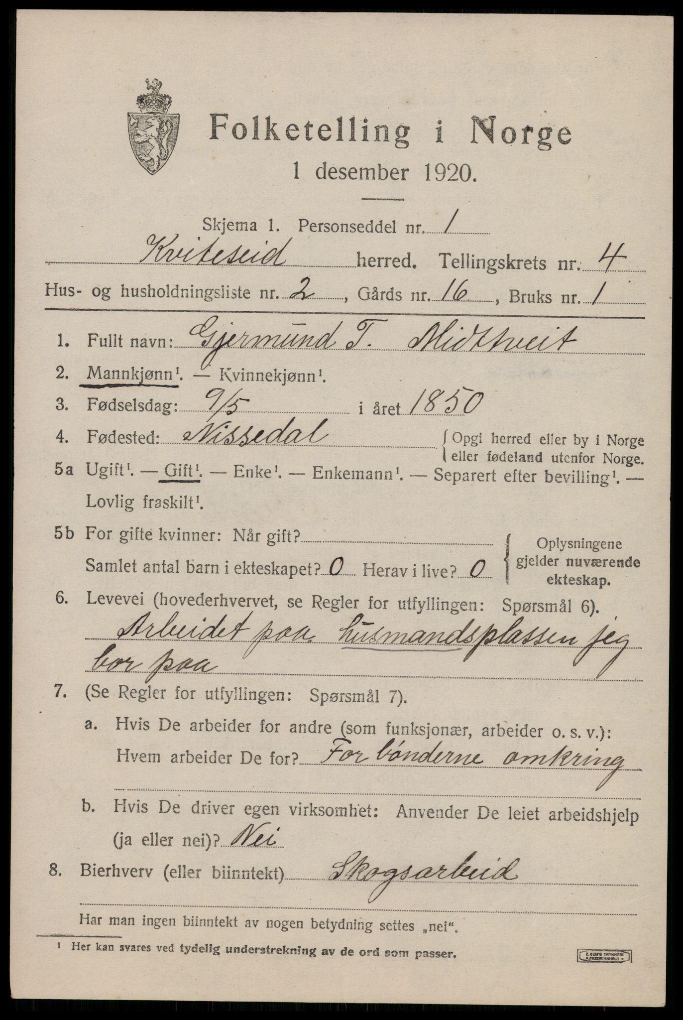 SAKO, 1920 census for Kviteseid, 1920, p. 2635