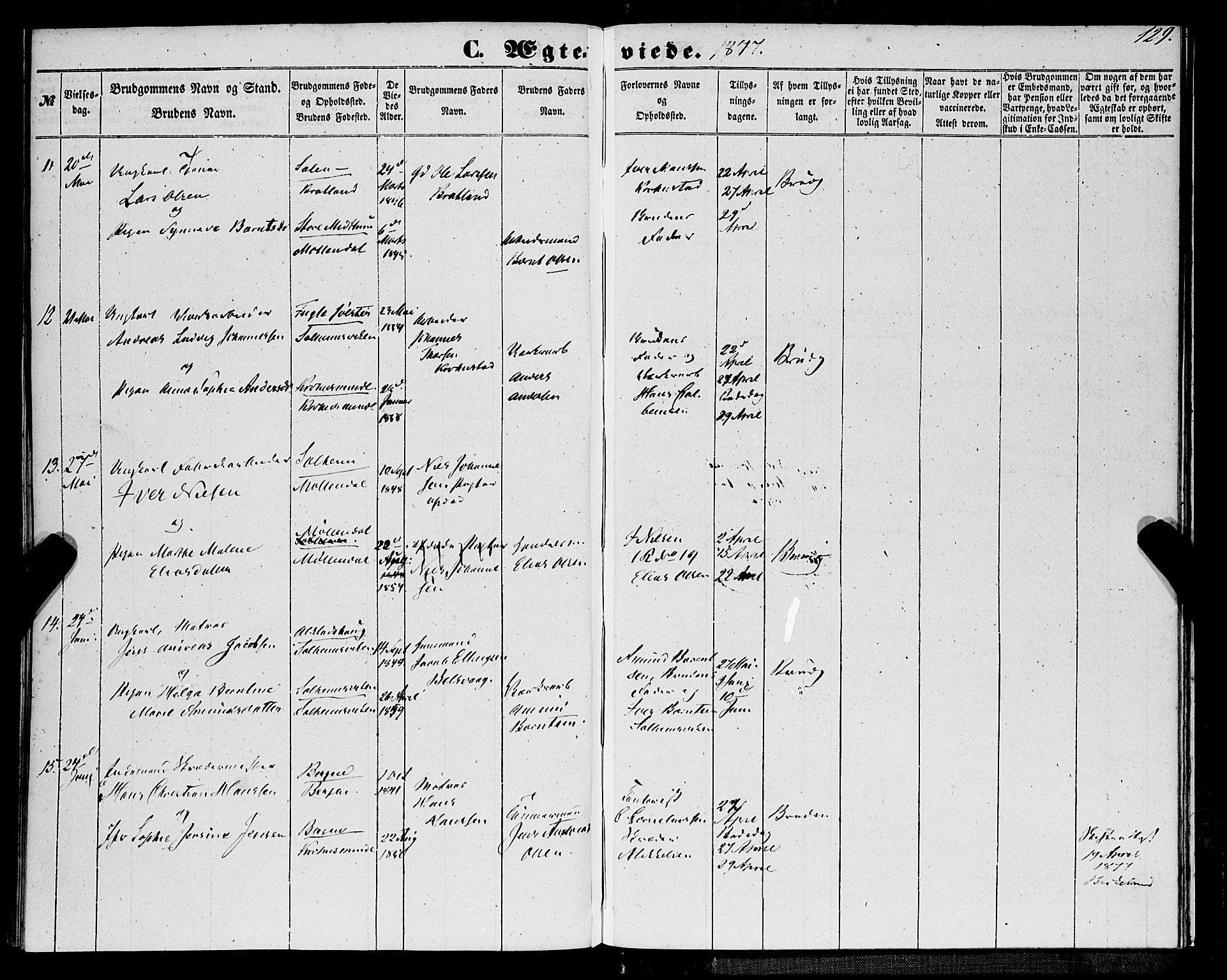 St. Jørgens hospital og Årstad sokneprestembete, AV/SAB-A-99934: Parish register (official) no. A 9, 1853-1878, p. 129