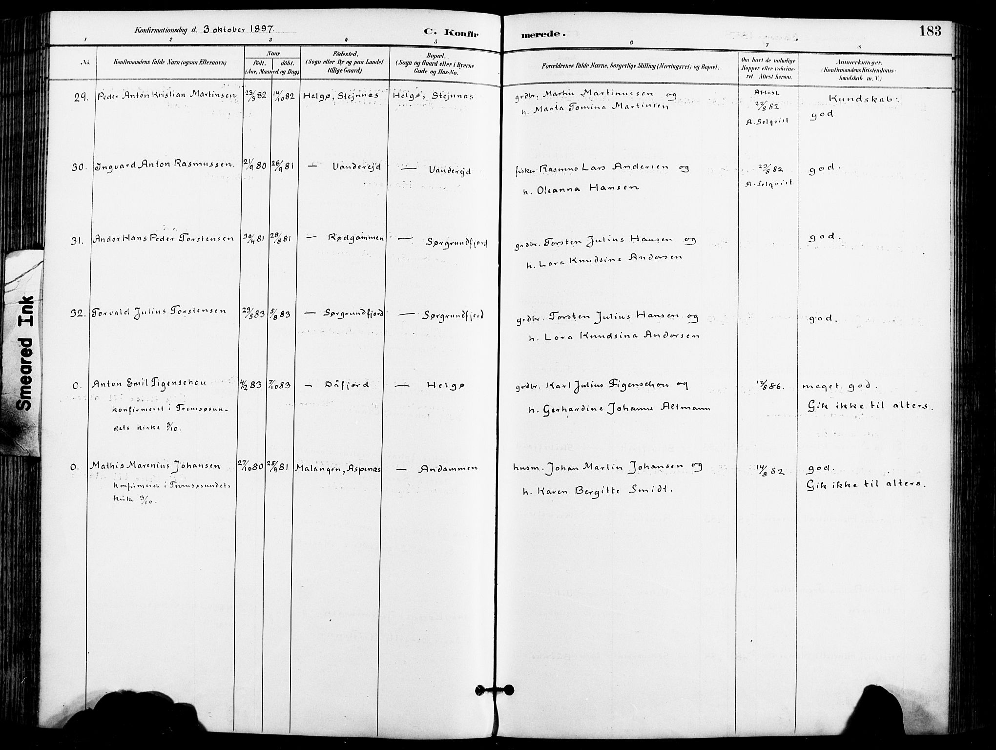 Karlsøy sokneprestembete, AV/SATØ-S-1299/H/Ha/Haa/L0007kirke: Parish register (official) no. 7, 1891-1902, p. 183