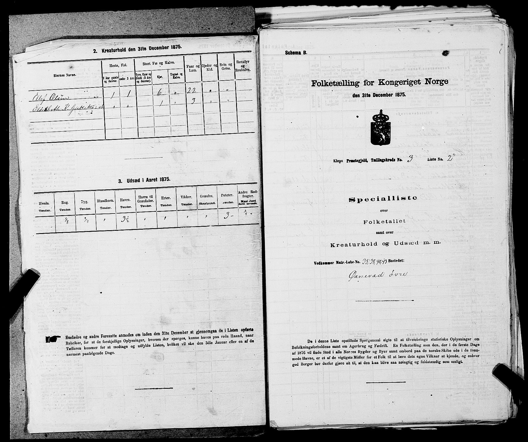 SAST, 1875 census for 1120P Klepp, 1875, p. 179