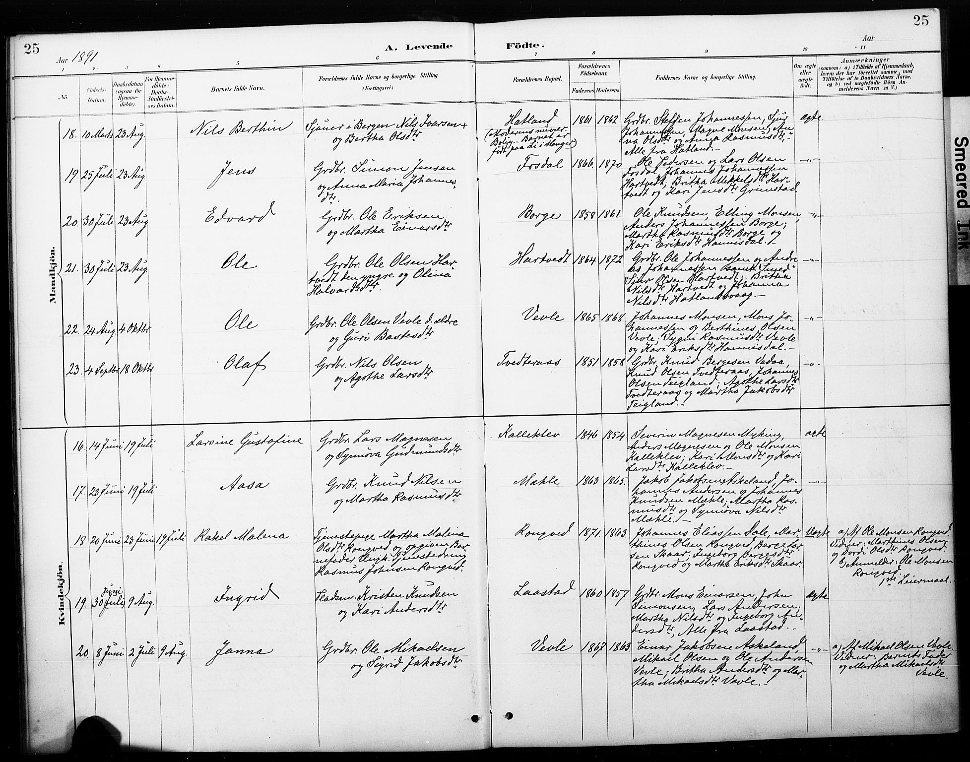 Haus sokneprestembete, AV/SAB-A-75601/H/Haa: Parish register (official) no. C 1, 1887-1899, p. 25