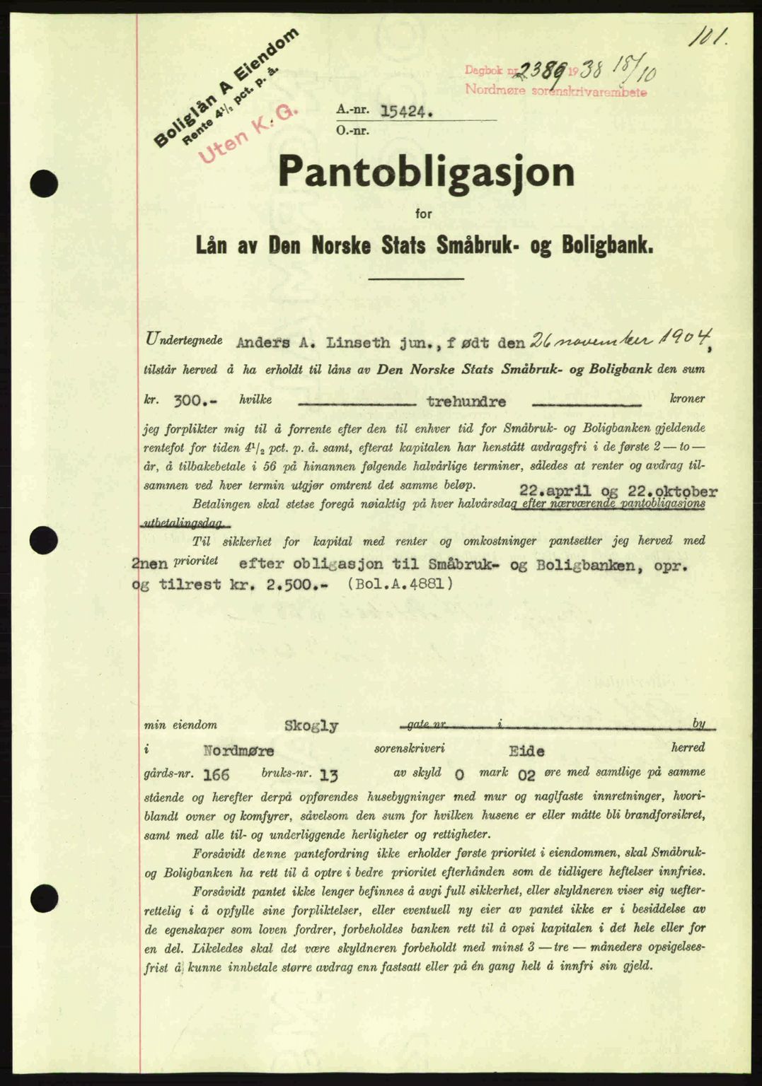 Nordmøre sorenskriveri, SAT/A-4132/1/2/2Ca: Mortgage book no. B84, 1938-1939, Diary no: : 2389/1938
