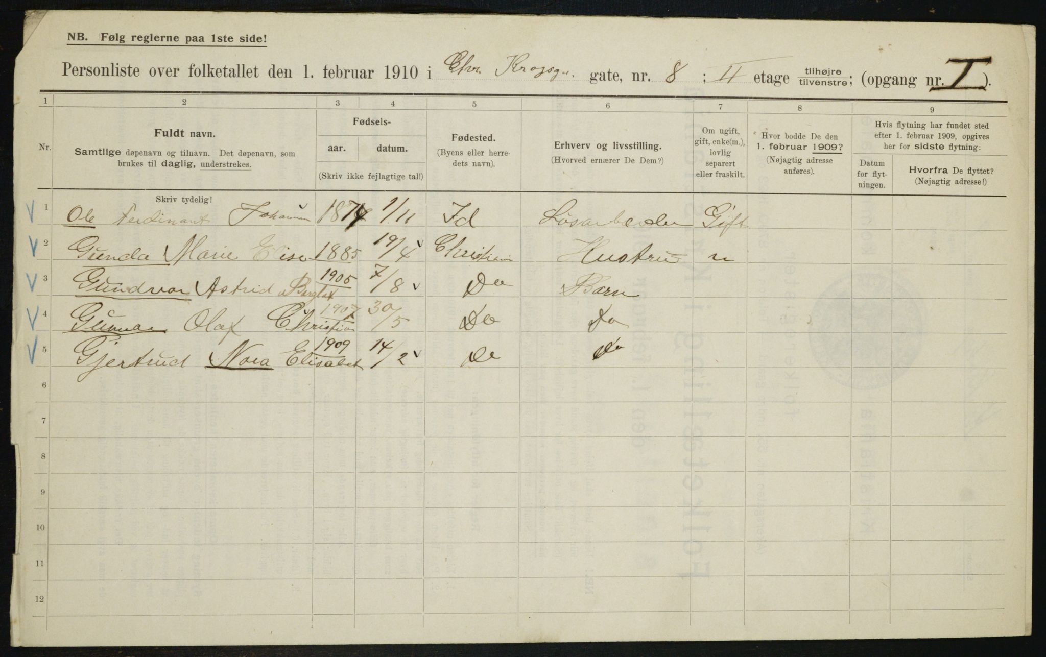 OBA, Municipal Census 1910 for Kristiania, 1910, p. 11252