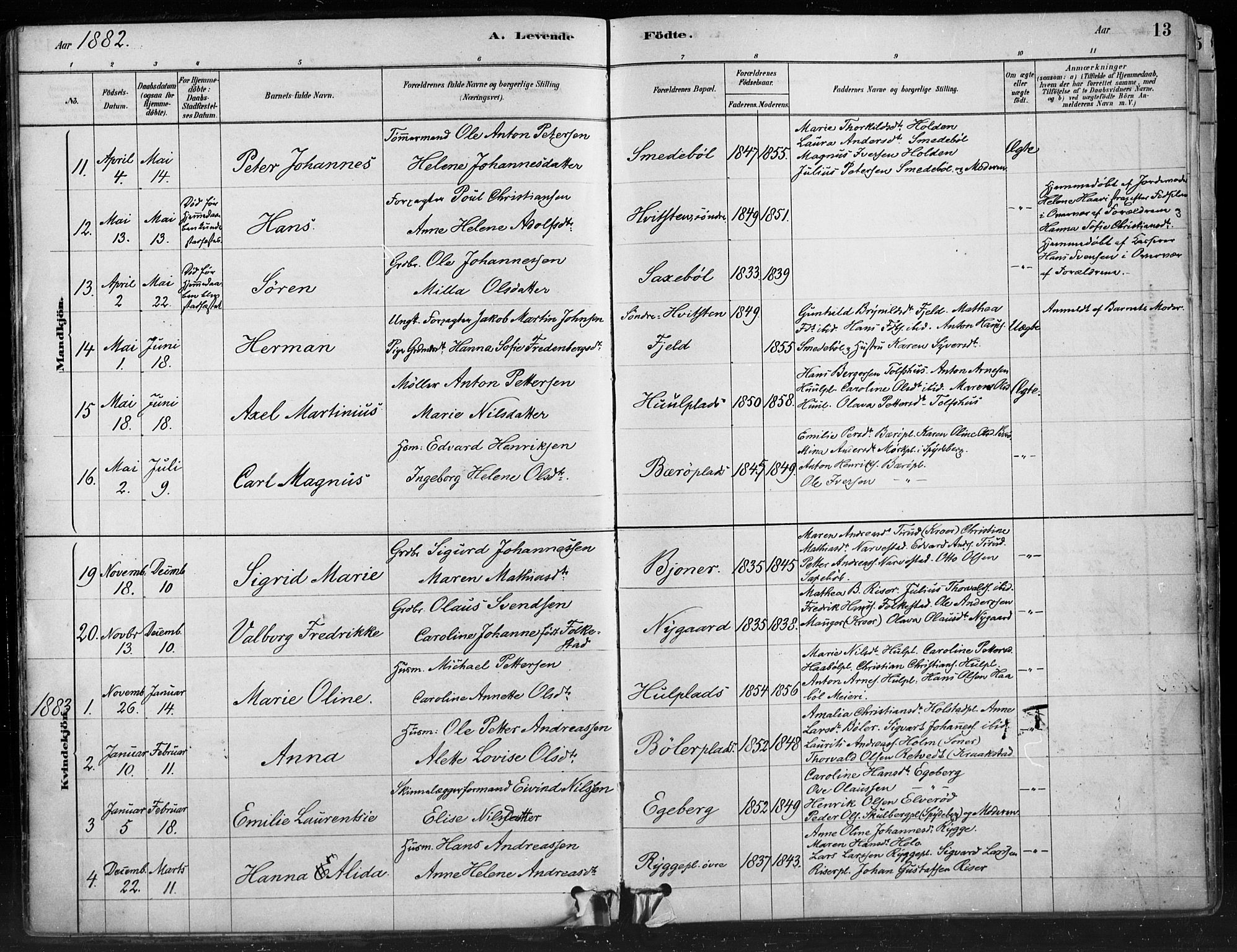 Hobøl prestekontor Kirkebøker, AV/SAO-A-2002/F/Fa/L0005: Parish register (official) no. I 5, 1878-1904, p. 13