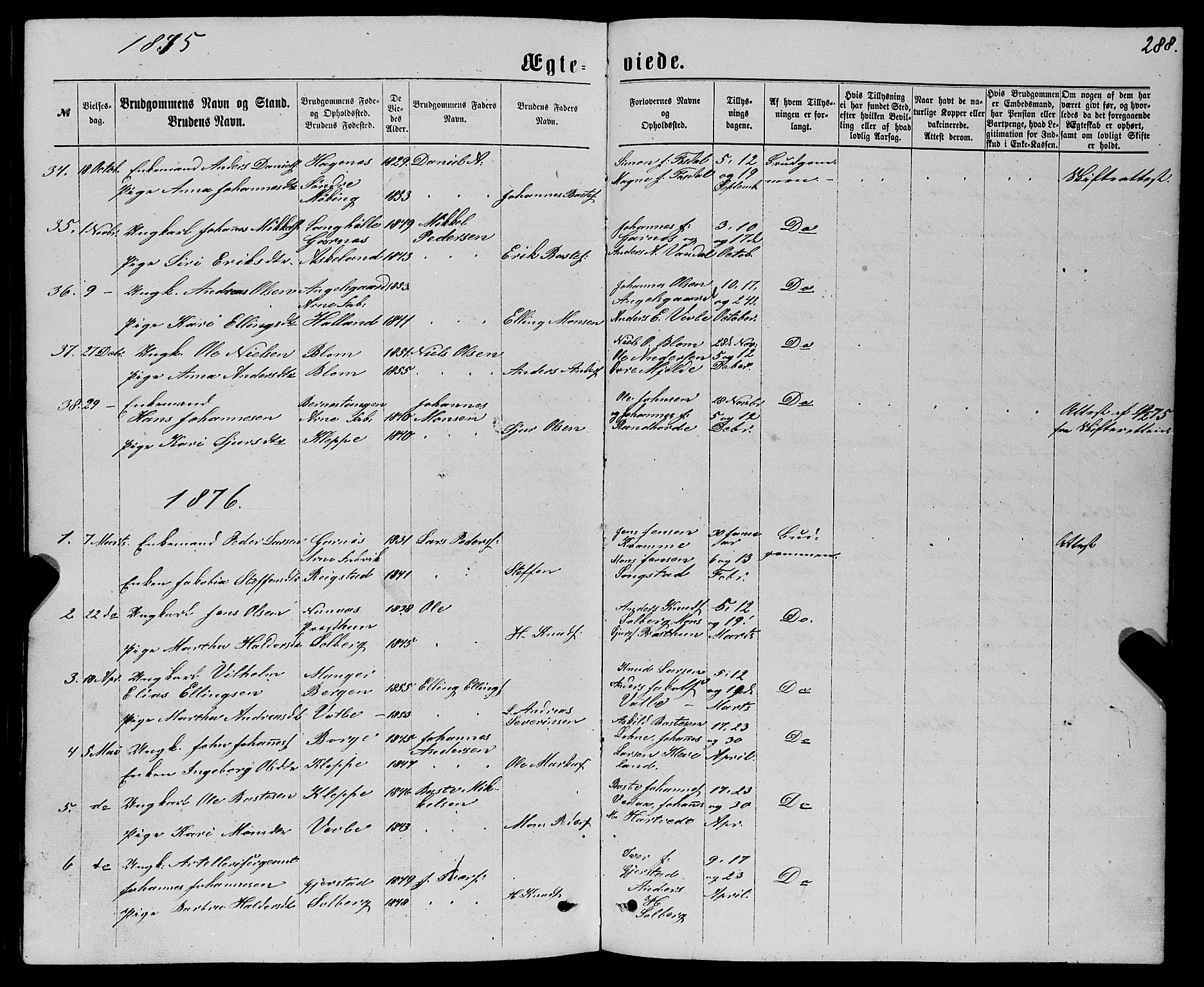Haus sokneprestembete, SAB/A-75601/H/Haa: Parish register (official) no. A 18, 1871-1877, p. 288