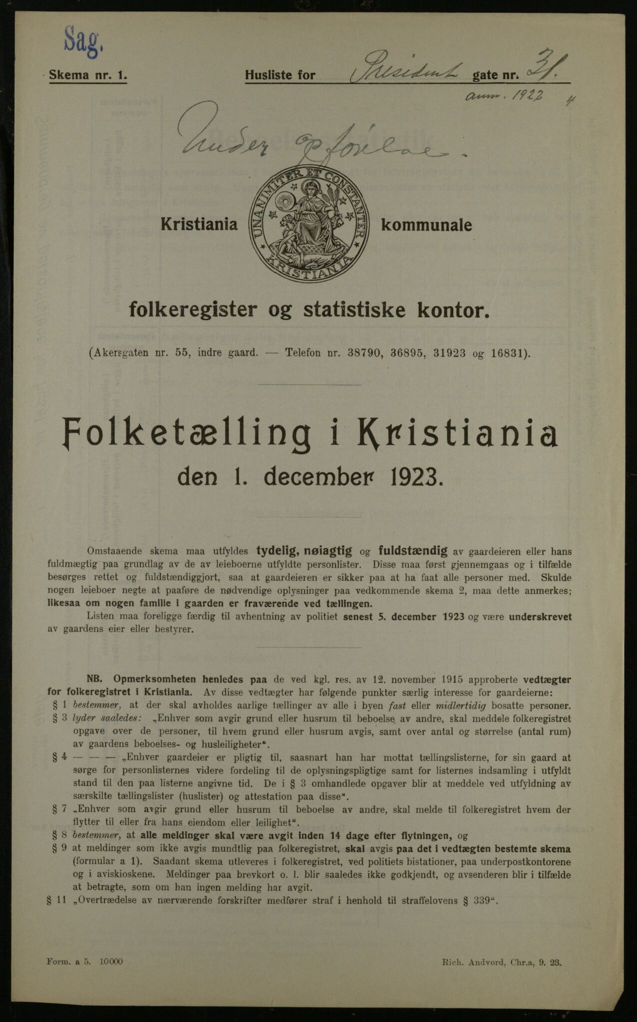 OBA, Municipal Census 1923 for Kristiania, 1923, p. 89724