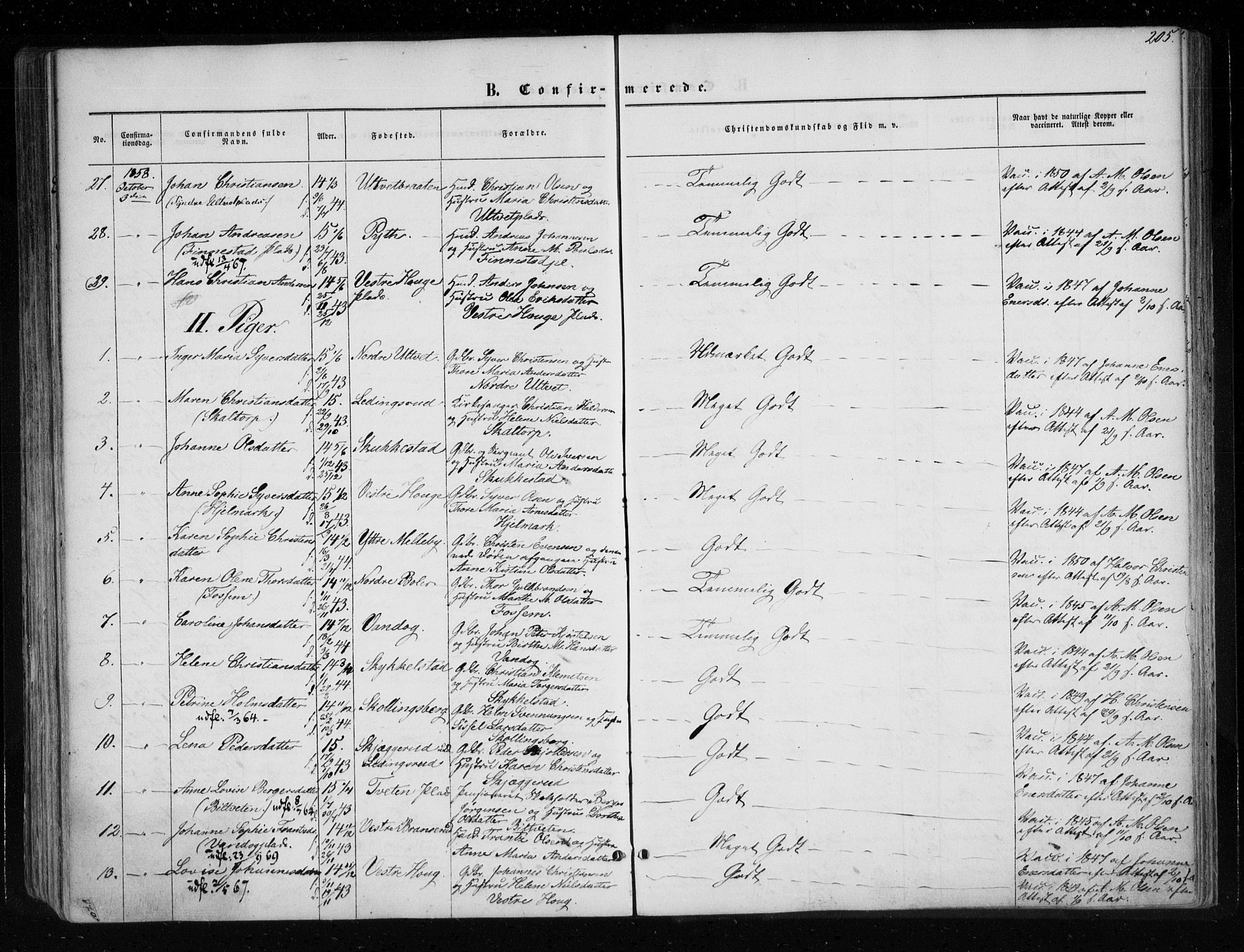Eidsberg prestekontor Kirkebøker, AV/SAO-A-10905/F/Fa/L0010.a: Parish register (official) no. I 10A, 1857-1866, p. 205
