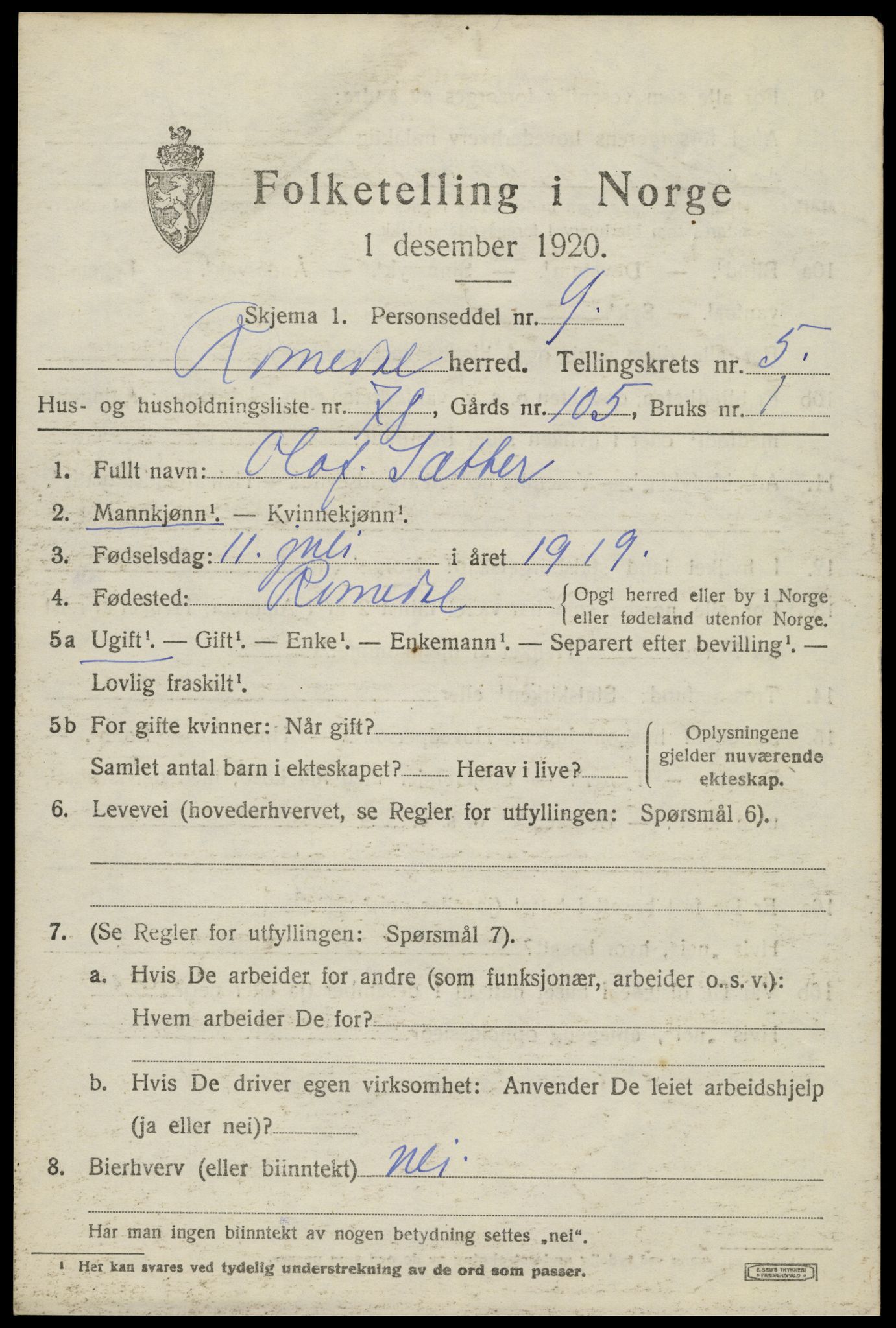 SAH, 1920 census for Romedal, 1920, p. 7743