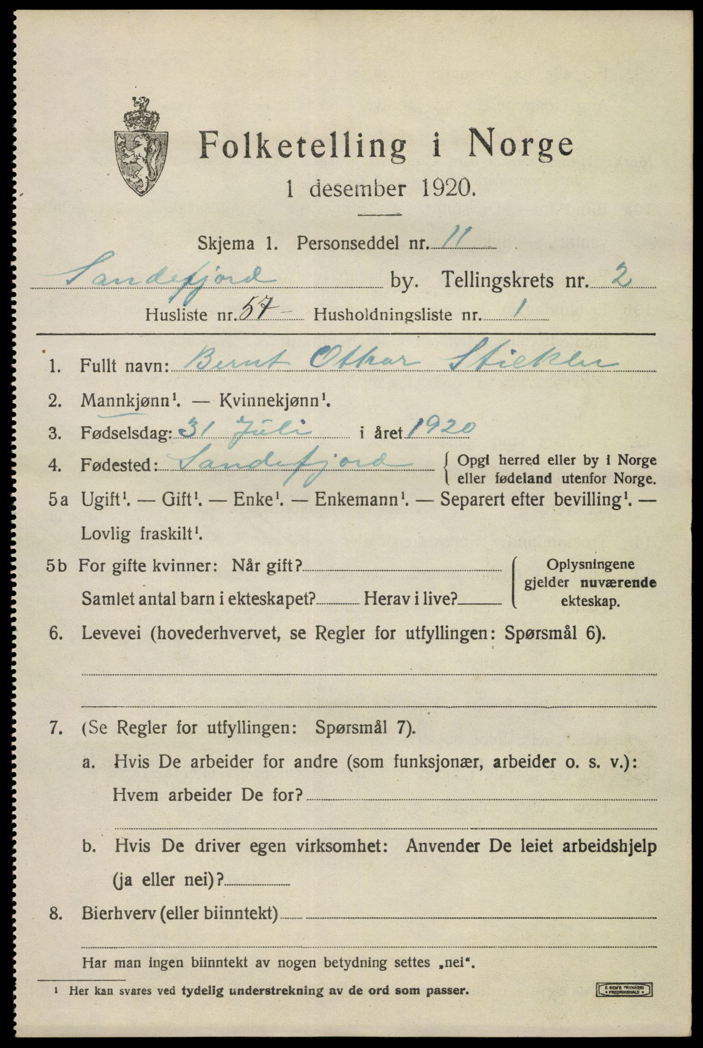 SAKO, 1920 census for Sandefjord, 1920, p. 6544