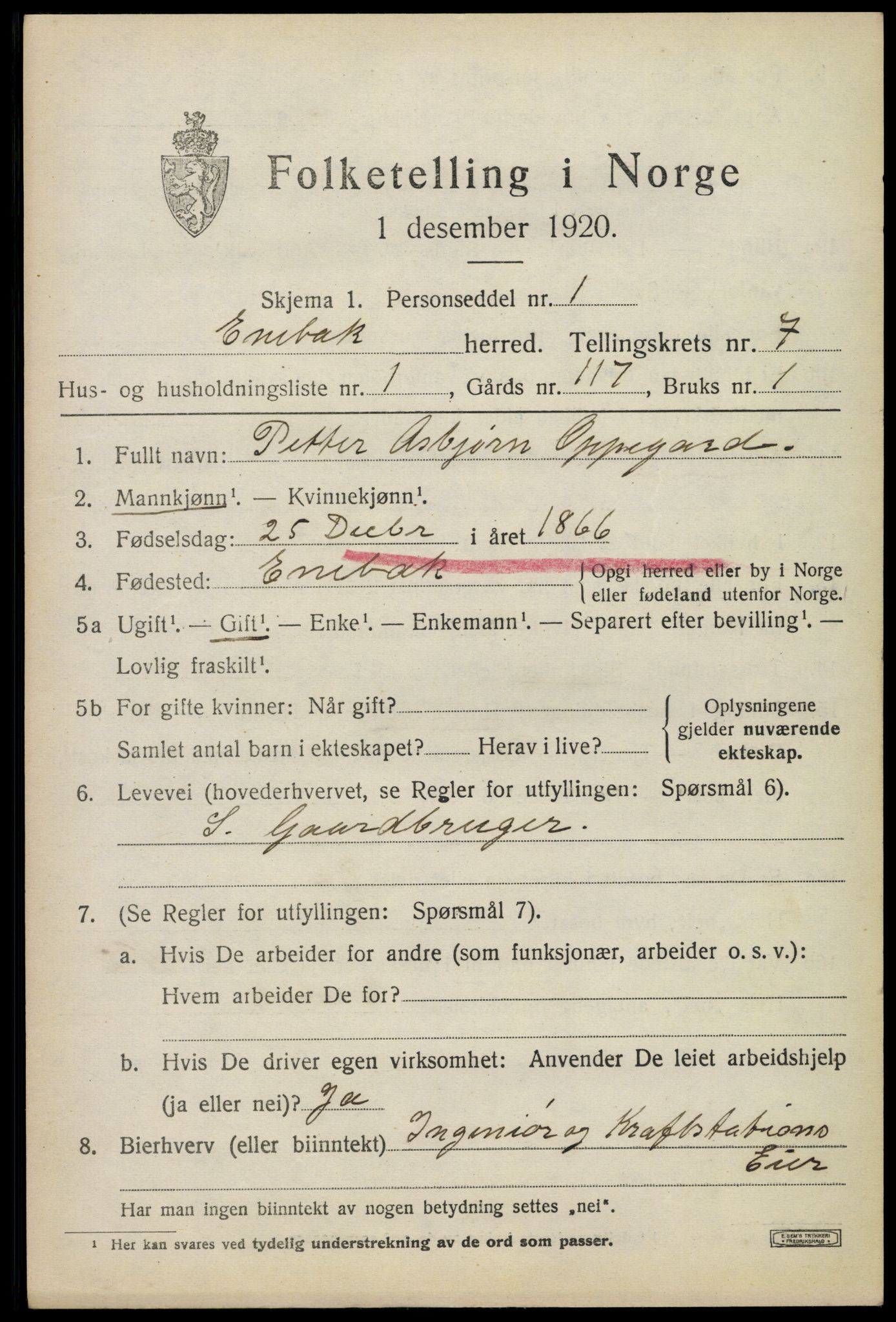 SAO, 1920 census for Enebakk, 1920, p. 6087