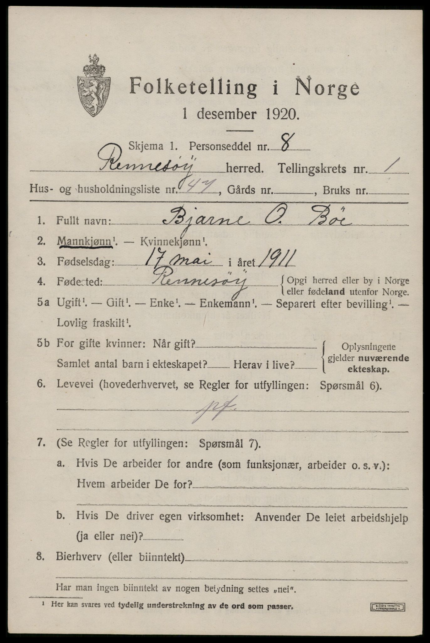 SAST, 1920 census for Rennesøy, 1920, p. 1008