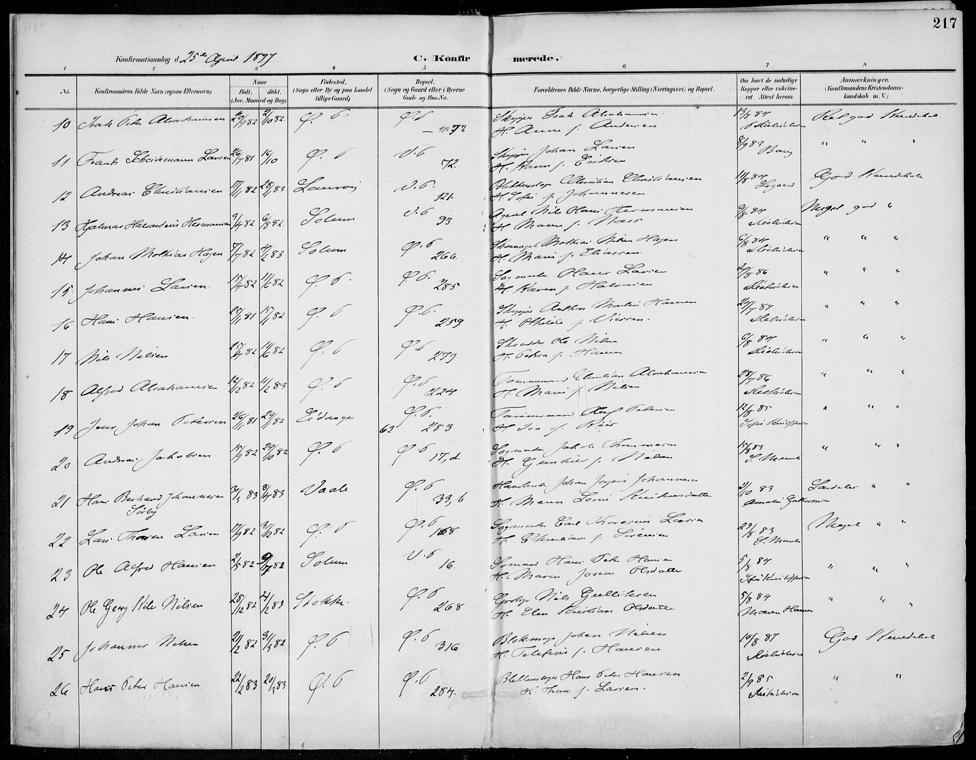 Porsgrunn kirkebøker , AV/SAKO-A-104/F/Fa/L0011: Parish register (official) no. 11, 1895-1919, p. 217