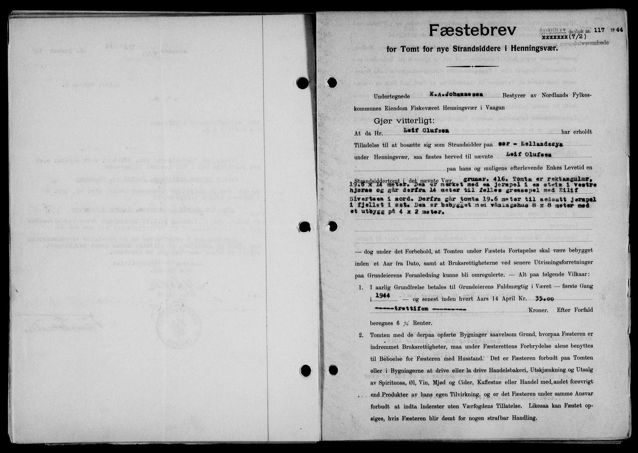 Lofoten sorenskriveri, SAT/A-0017/1/2/2C/L0012a: Mortgage book no. 12a, 1943-1944, Diary no: : 117/1944