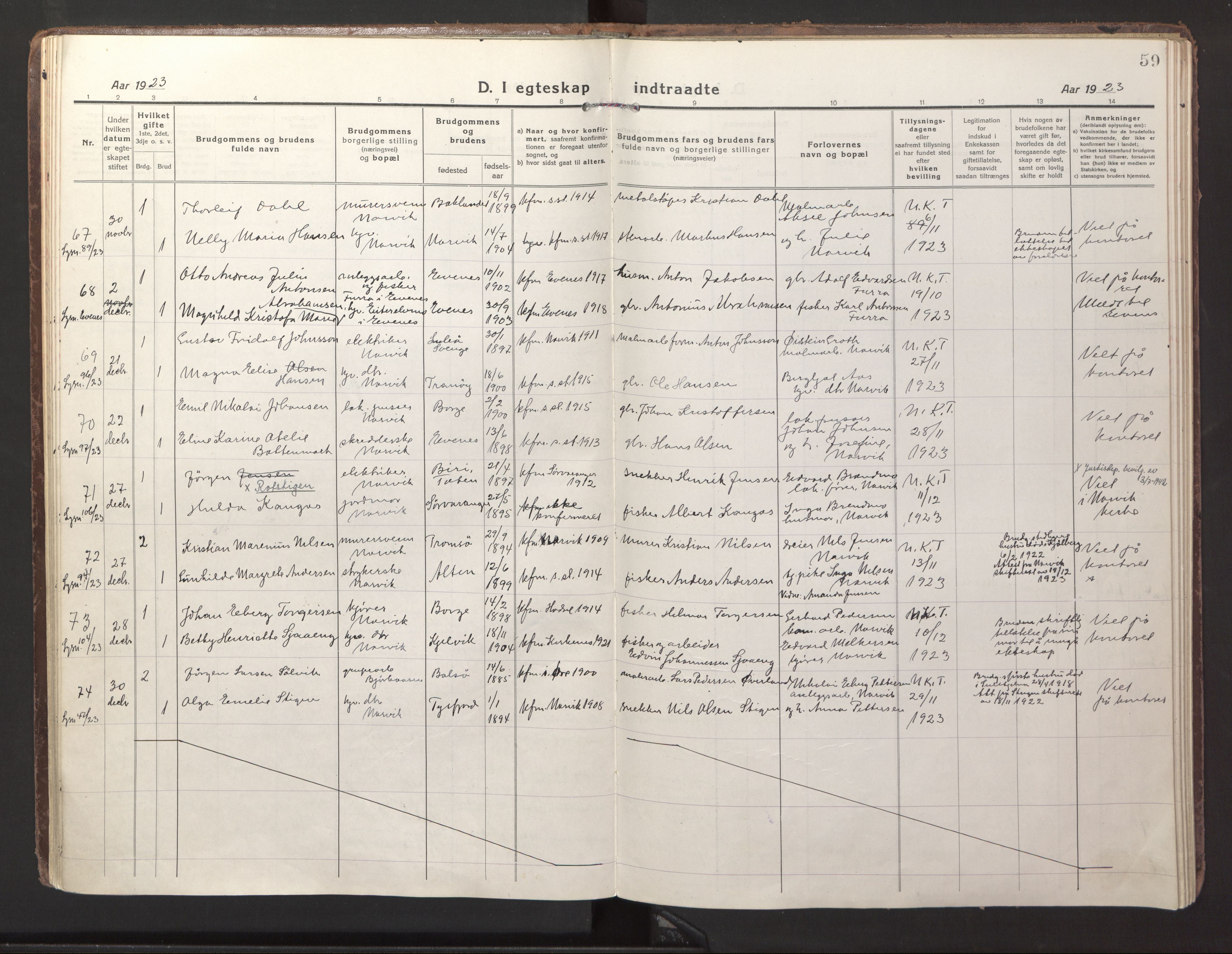 Ministerialprotokoller, klokkerbøker og fødselsregistre - Nordland, SAT/A-1459/871/L1002: Parish register (official) no. 871A18, 1917-1926, p. 59