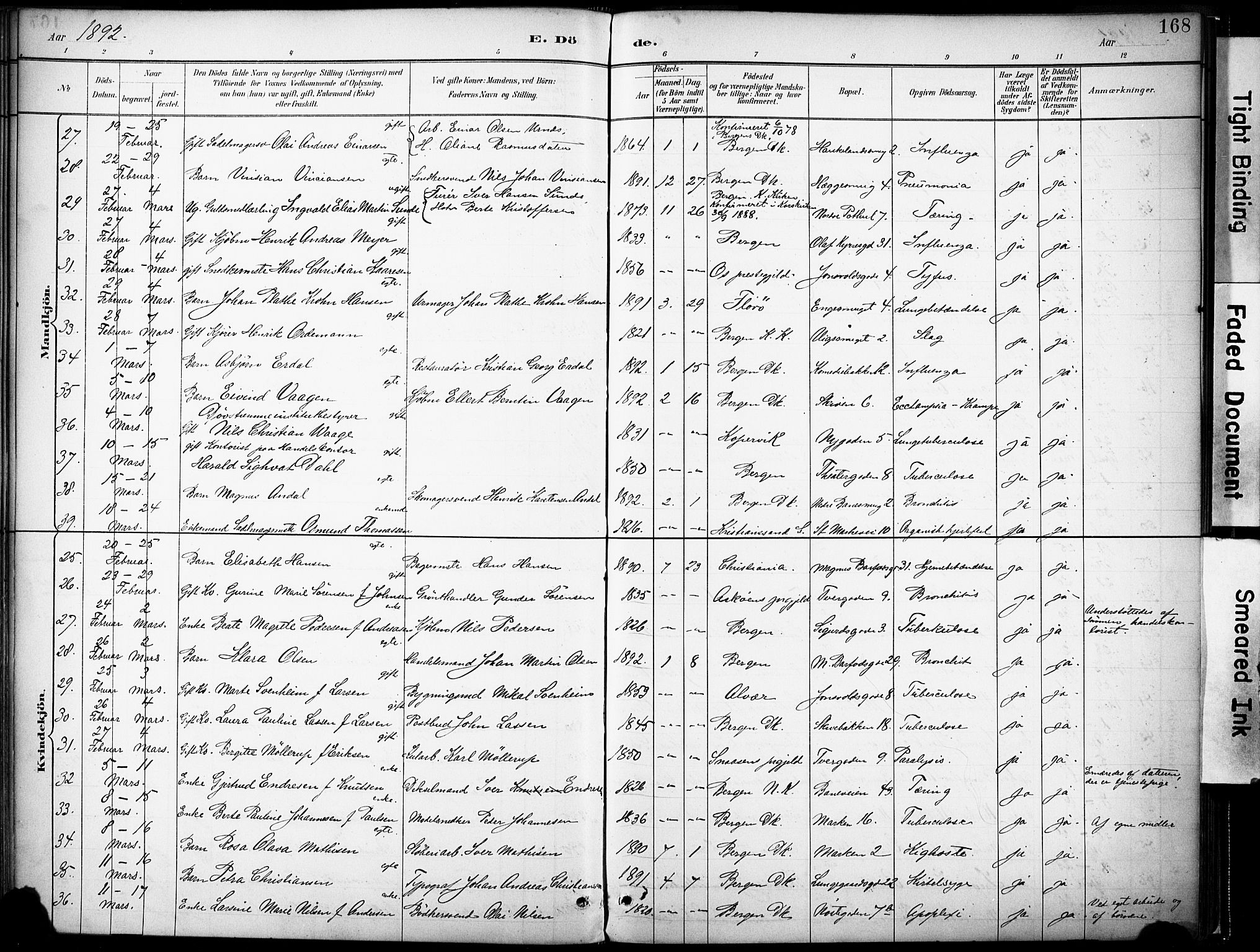 Domkirken sokneprestembete, SAB/A-74801/H/Haa/L0043: Parish register (official) no. E 5, 1882-1904, p. 168