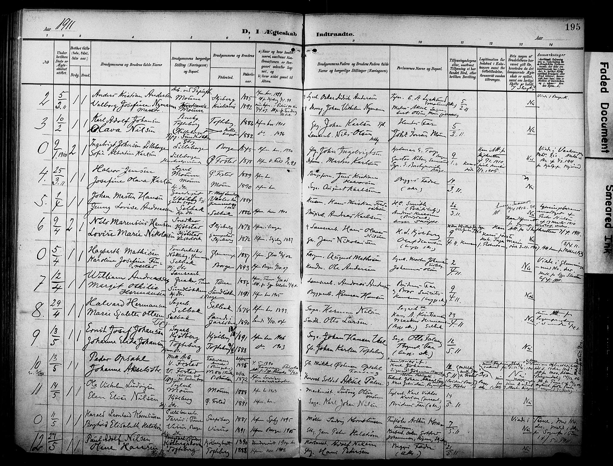 Borge prestekontor Kirkebøker, SAO/A-10903/F/Fa/L0009: Parish register (official) no. I 9, 1902-1911, p. 195