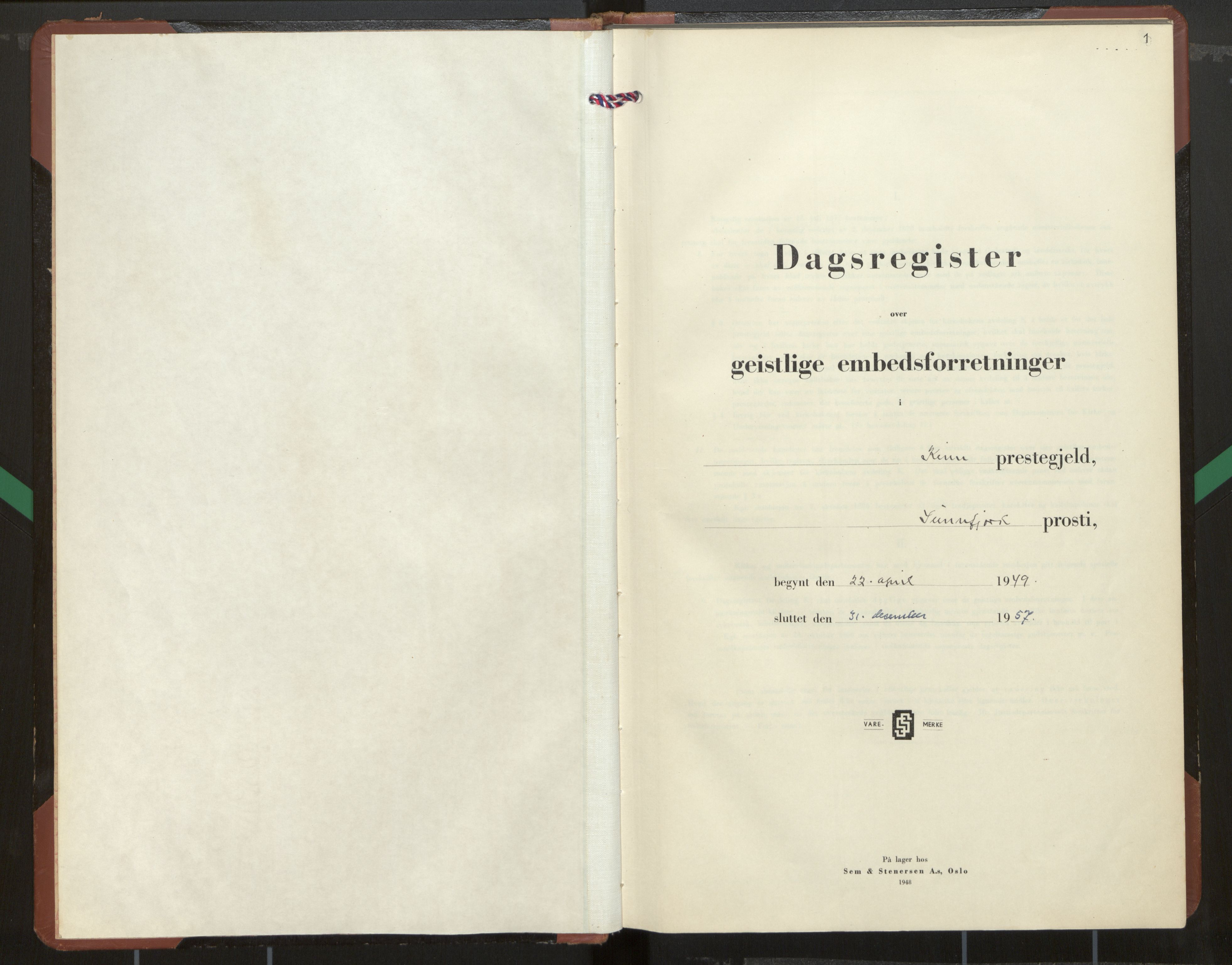 Kinn sokneprestembete, AV/SAB-A-80801/H/Haa/Haag/L0006: Diary records no. G 6, 1949-1957, p. 1