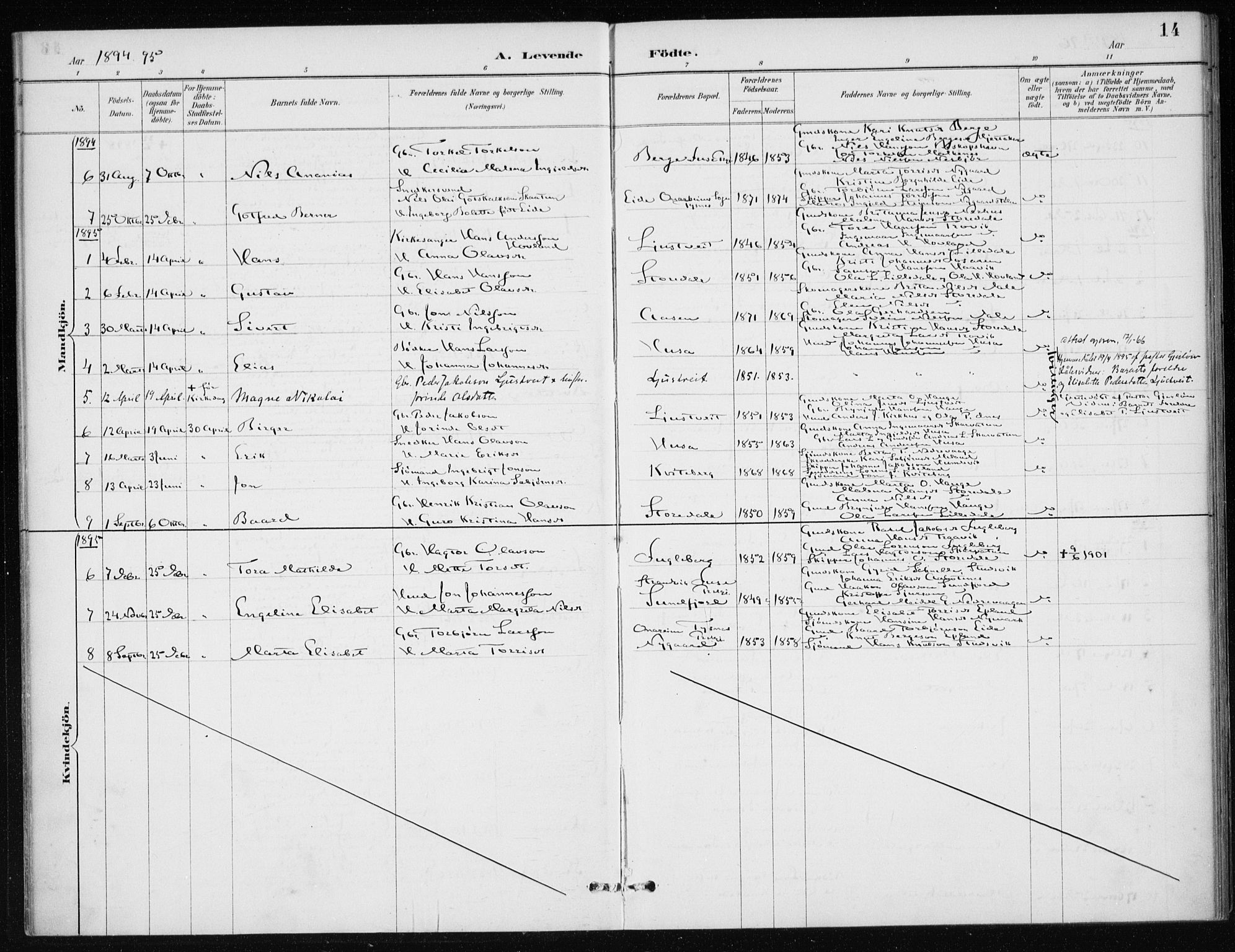 Kvinnherad sokneprestembete, SAB/A-76401/H/Haa: Parish register (official) no. E 1, 1887-1912, p. 14