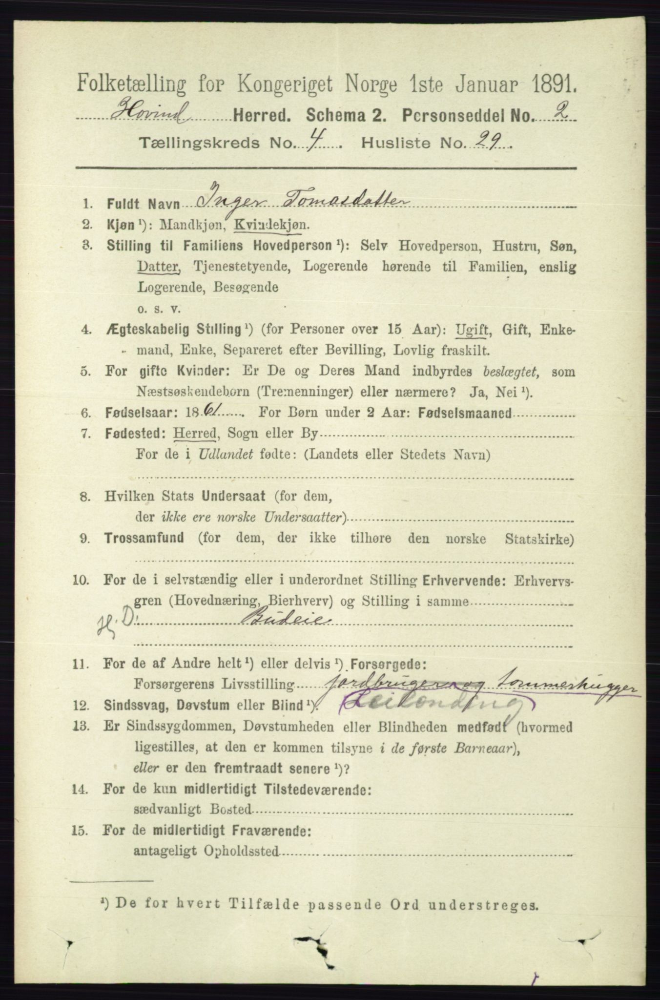 RA, 1891 census for 0825 Hovin, 1891, p. 956