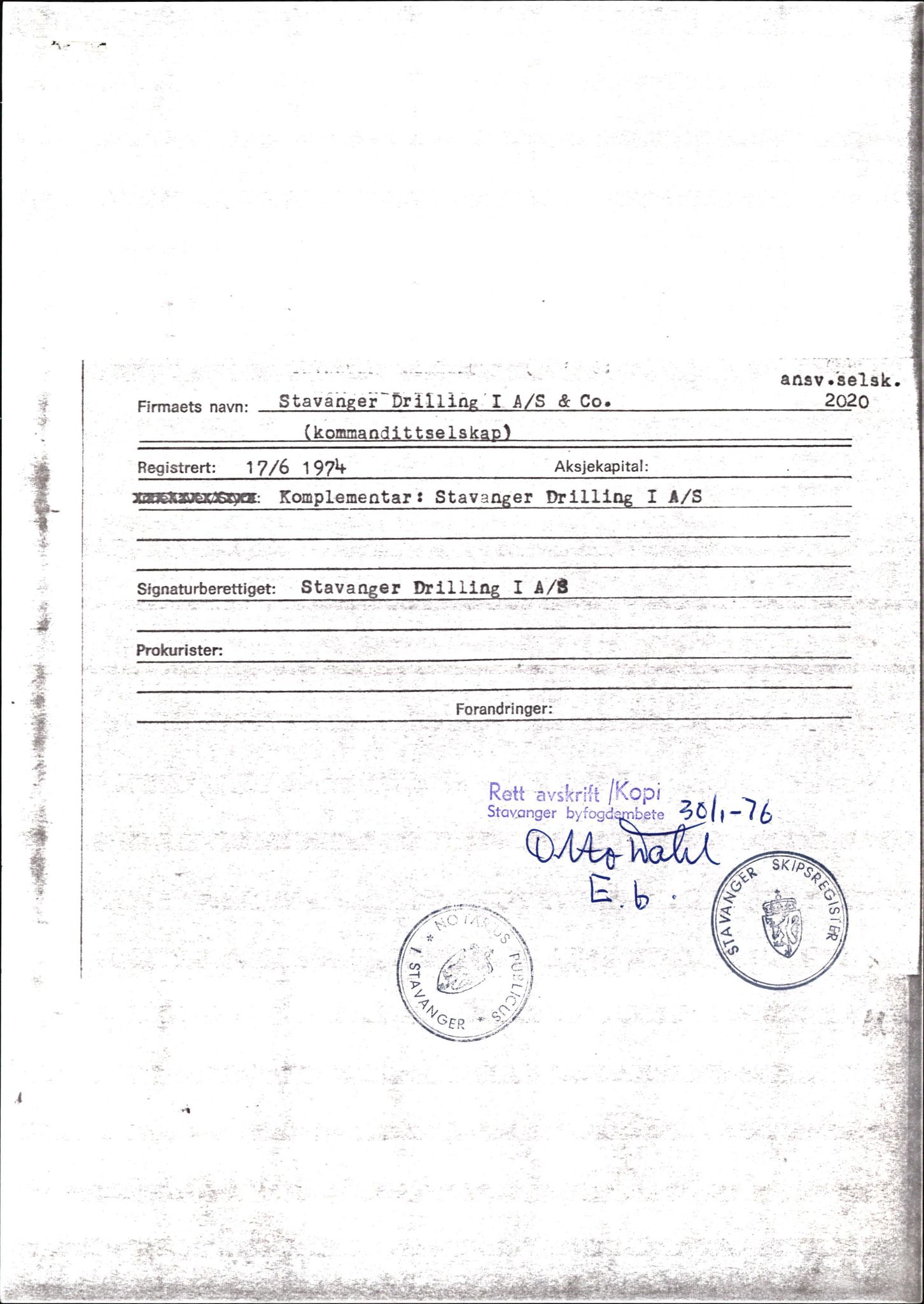 Pa 1503 - Stavanger Drilling AS, AV/SAST-A-101906/2/E/Eb/Eba/L0002: Sak og korrespondanse, 1974-1980