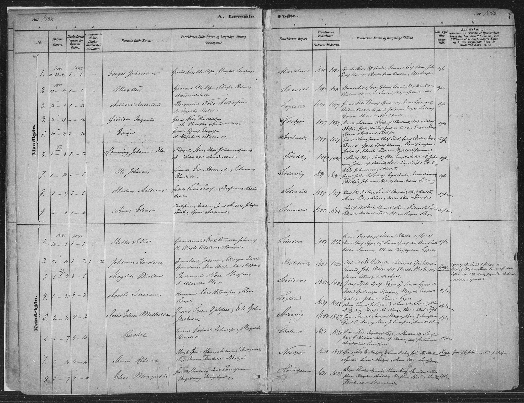 Fusa sokneprestembete, SAB/A-75401/H/Haa: Parish register (official) no. D 1, 1880-1938, p. 7