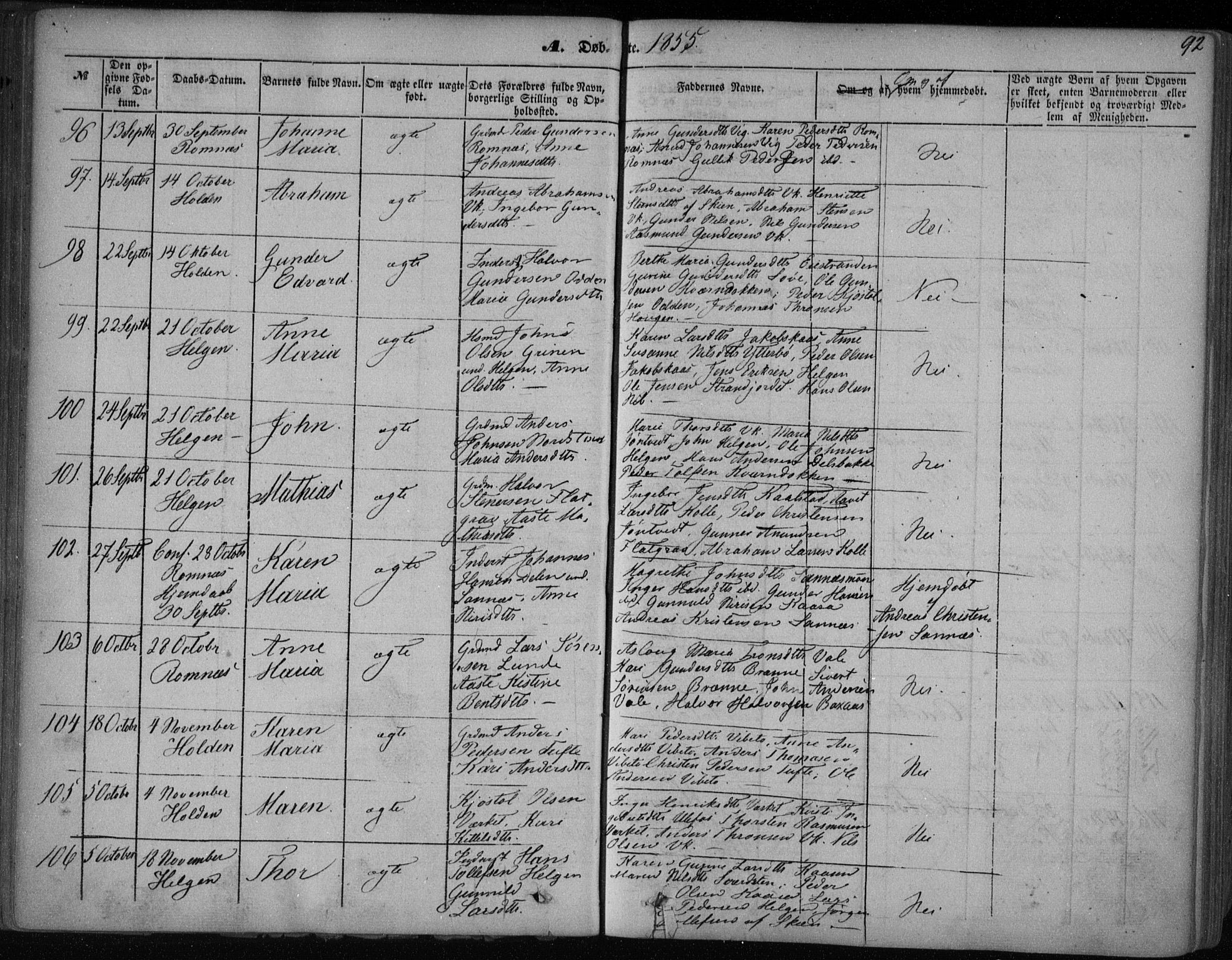 Holla kirkebøker, SAKO/A-272/F/Fa/L0005: Parish register (official) no. 5, 1849-1860, p. 92