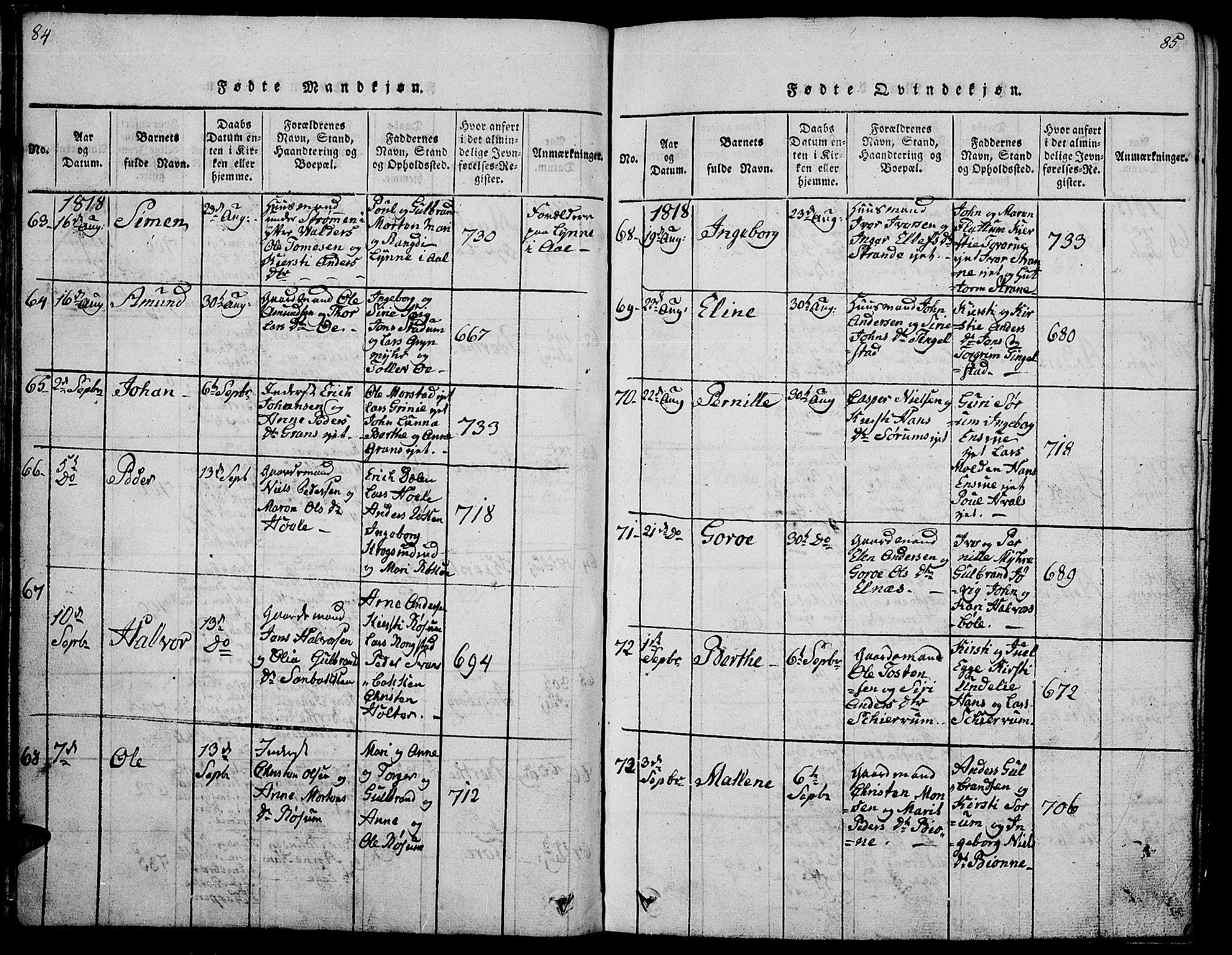 Gran prestekontor, SAH/PREST-112/H/Ha/Hab/L0001: Parish register (copy) no. 1, 1815-1824, p. 84-85