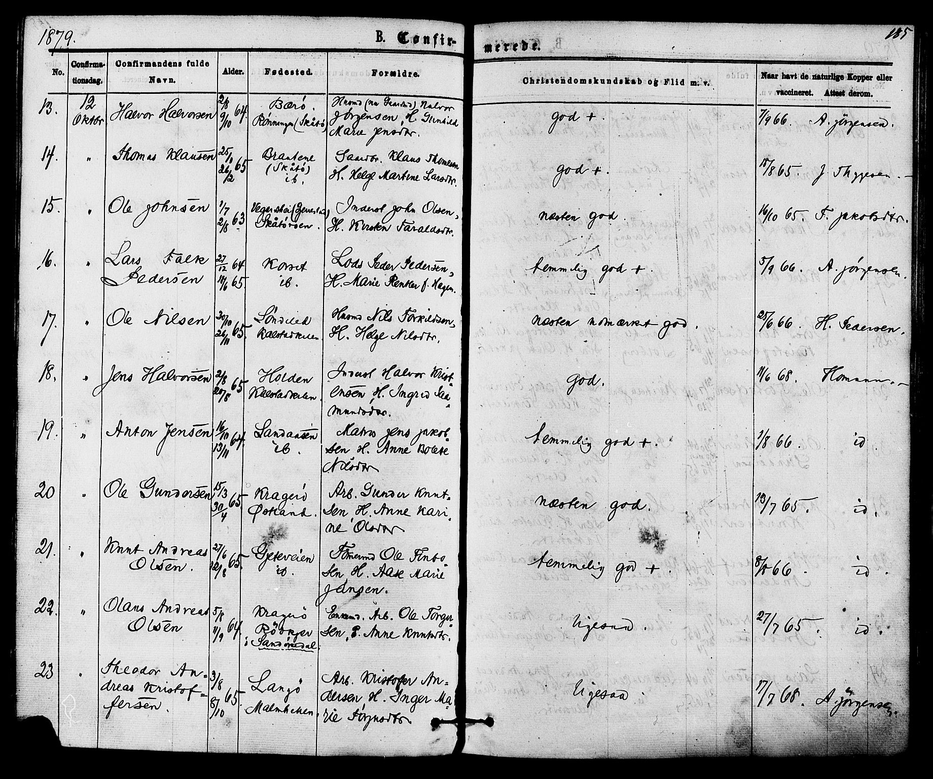 Skåtøy kirkebøker, SAKO/A-304/F/Fa/L0001: Parish register (official) no. I 1, 1874-1883, p. 185