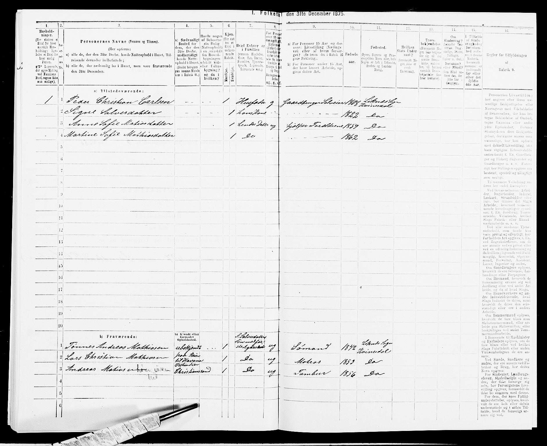 SAK, 1875 census for 1037P Kvinesdal, 1875, p. 1087